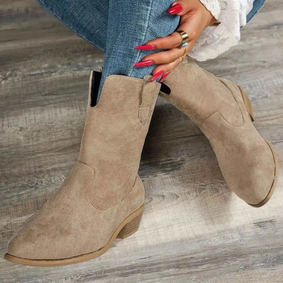 Suede Block Heel Western Boots - Rosey's Creations