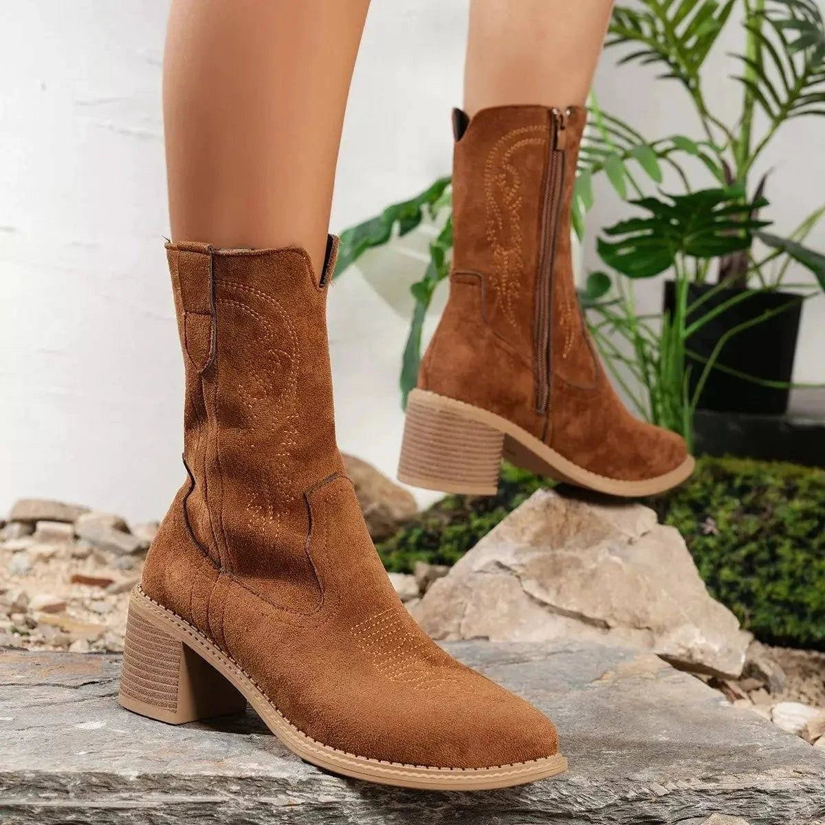 Suede Block Heel Western Boots - Rosey's Creations