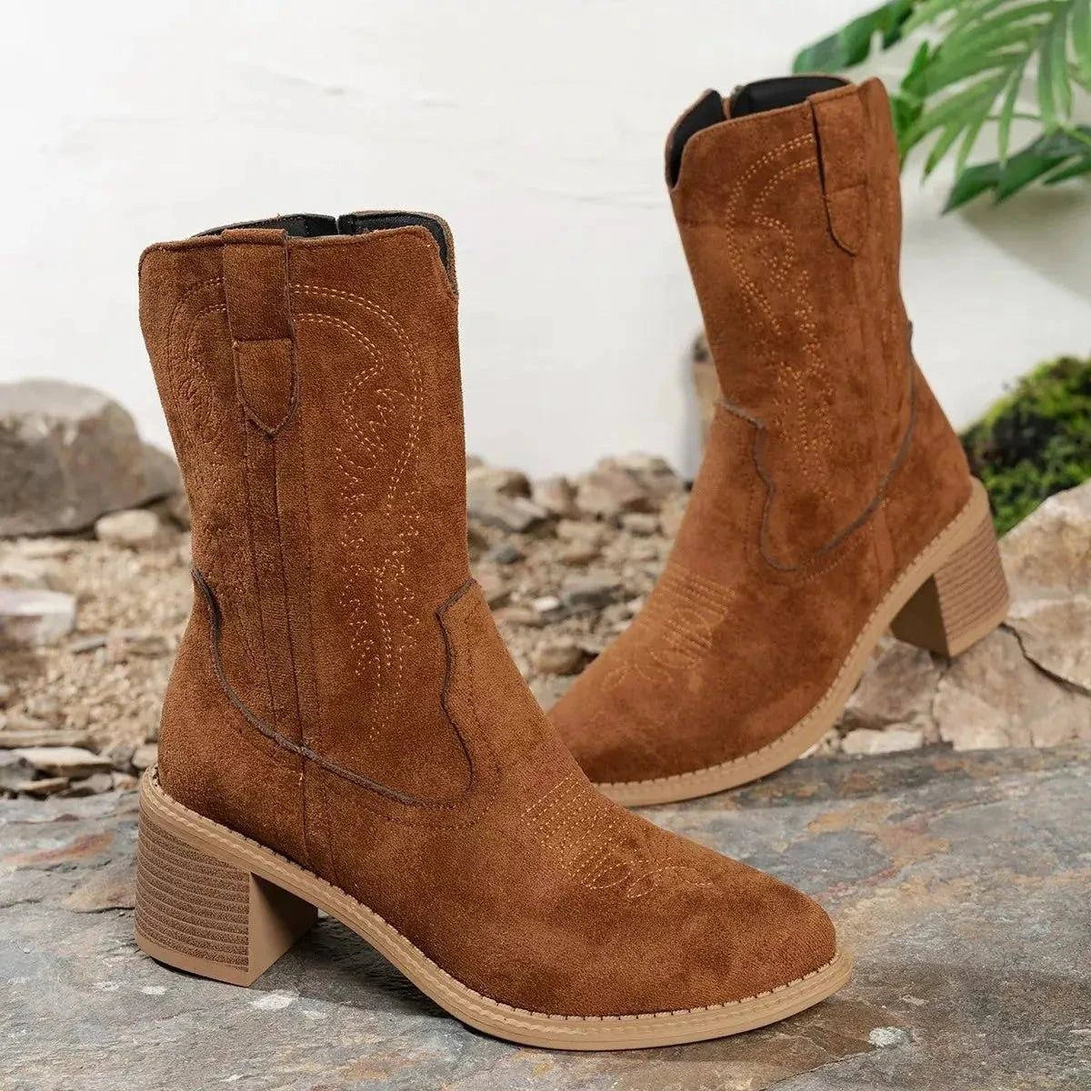 Suede Block Heel Western Boots - Rosey's Creations