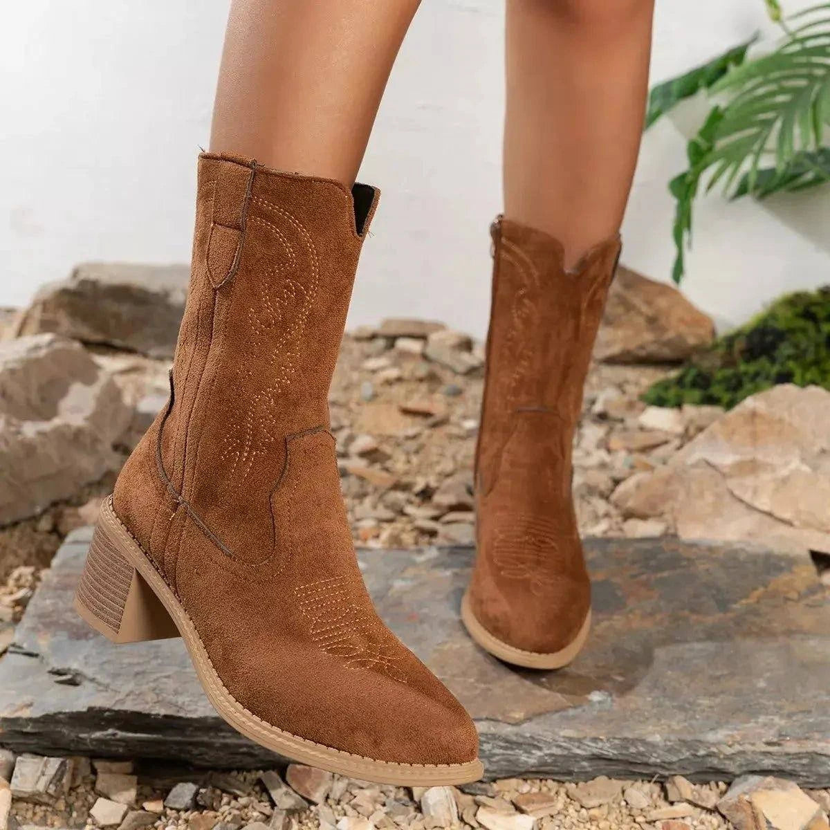 Suede Block Heel Western Boots - Rosey's Creations