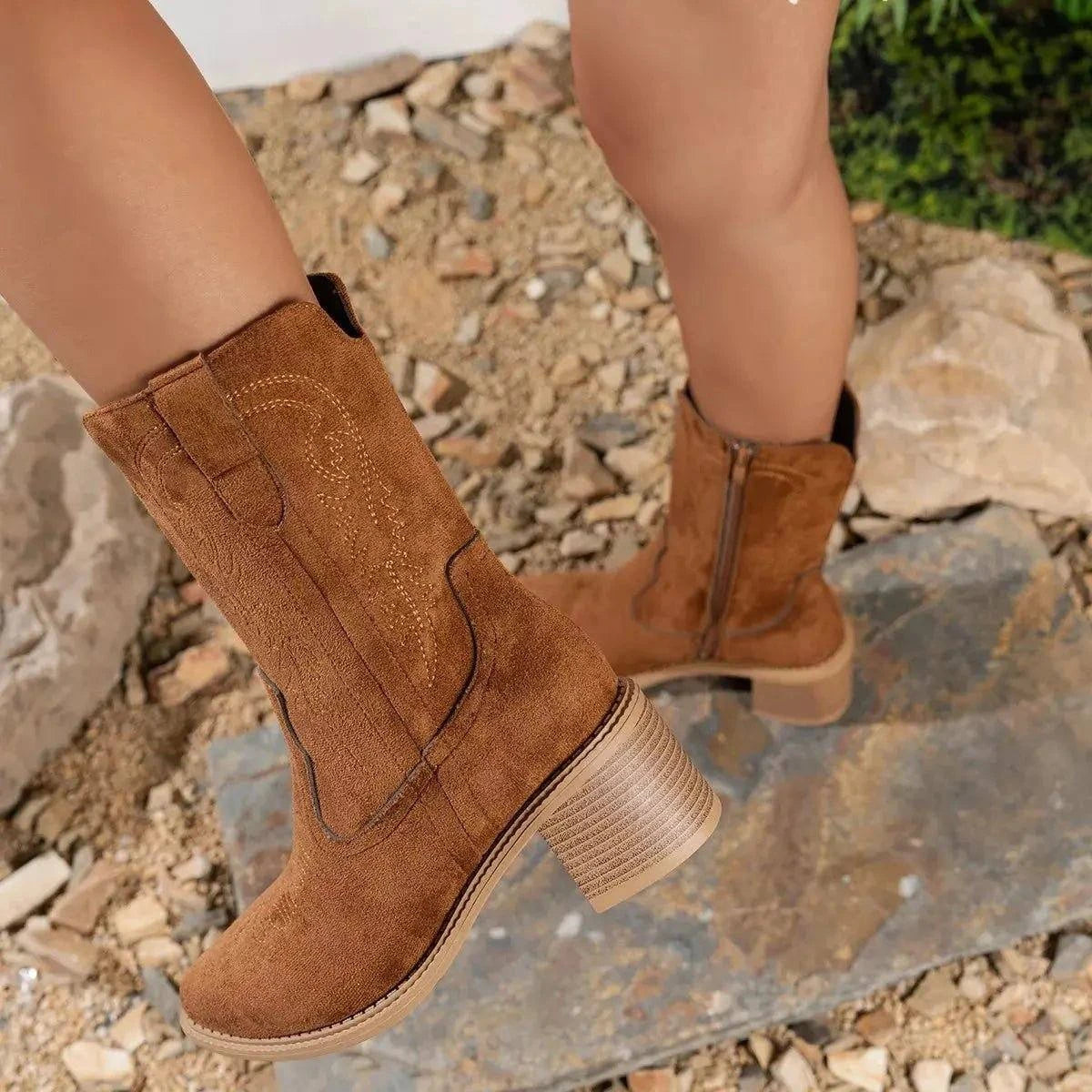 Suede Block Heel Western Boots - Rosey's Creations