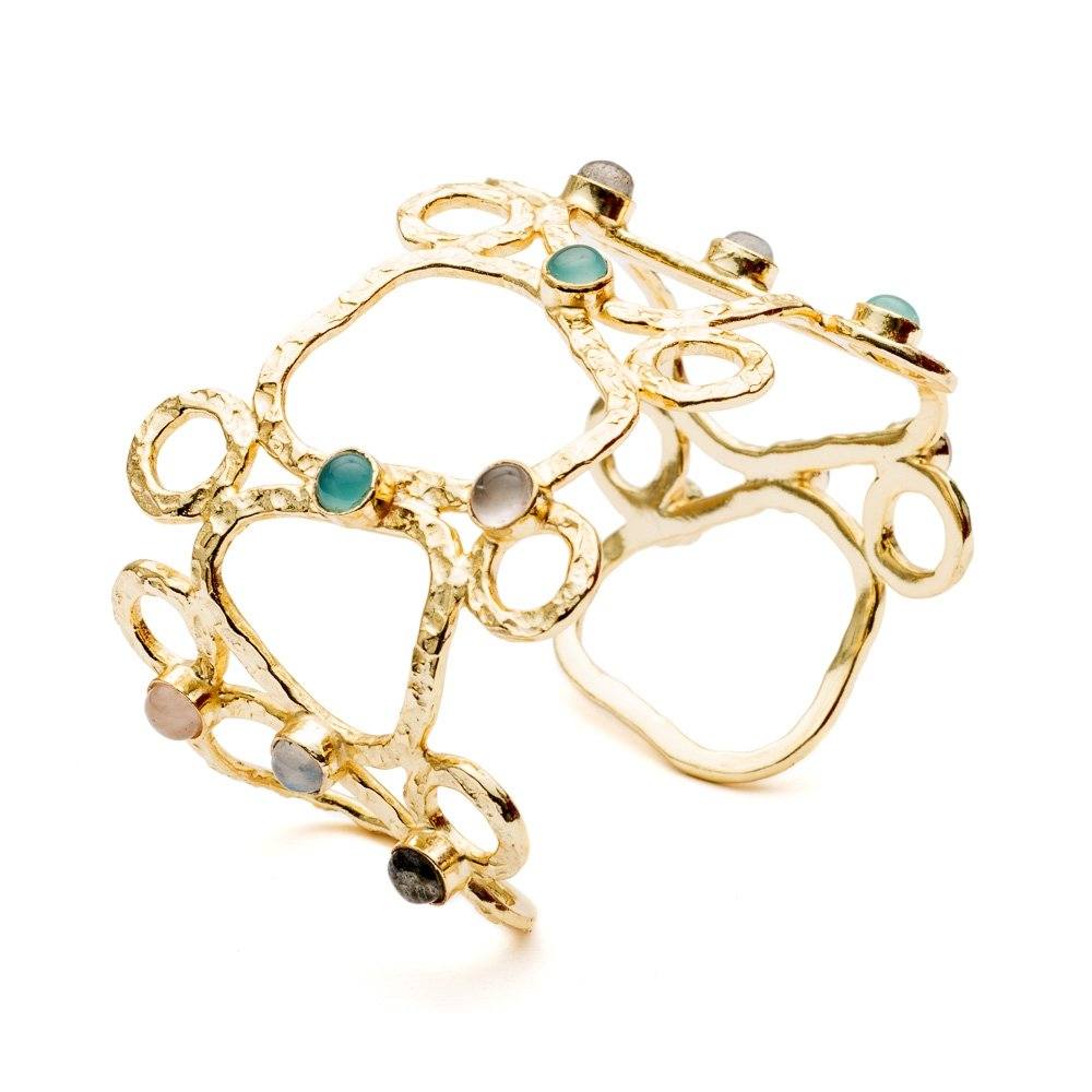 Thalia Sculptural Cuff with Rose Quartz, Moonstone, Labradorite & Pariba Onyx.