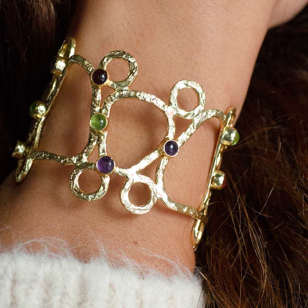 Thalia Sculptural Cuff with Rose Quartz, Moonstone, Labradorite & Pariba Onyx.
