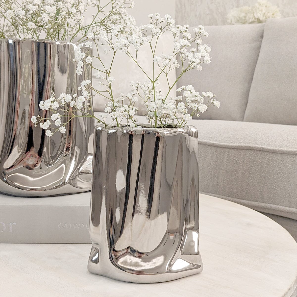 Vega Petite Paper Bag Style Silver Ceramic Vase - Rosey's Creations