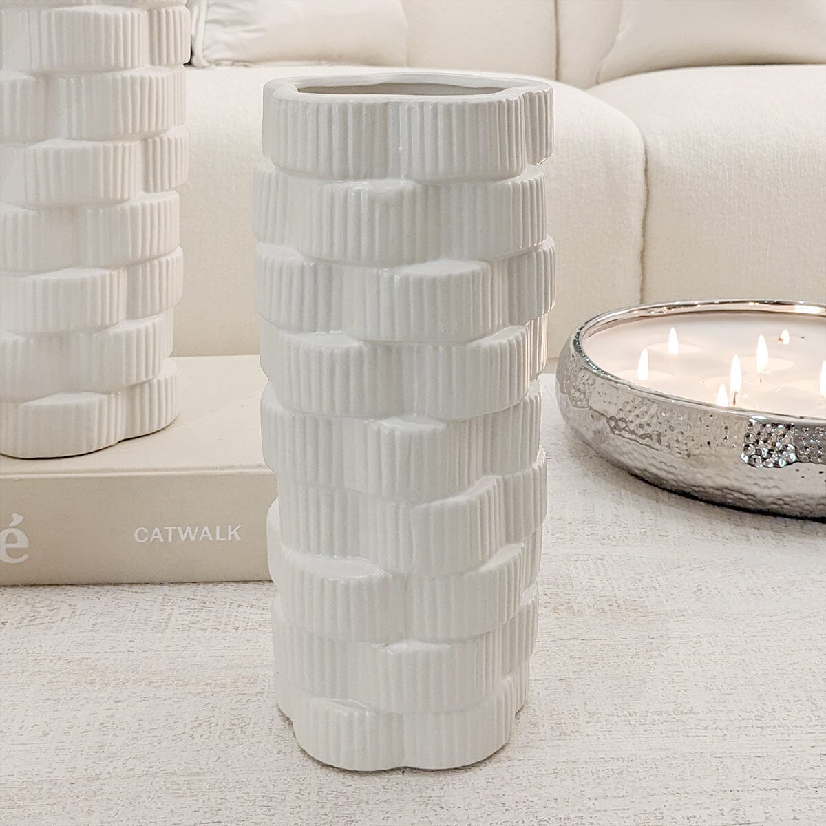 Willow Medium White Ribbed Ceramic Vase - Rosey's Creations