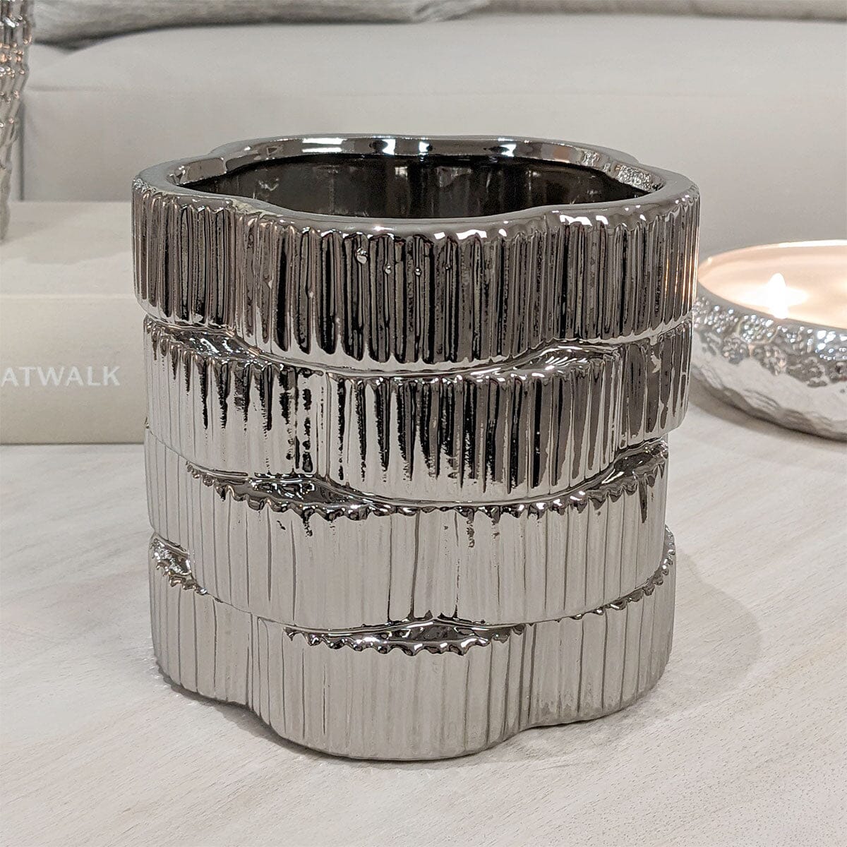 Willow Silver Ribbed Ceramic Planter - Rosey's Creations