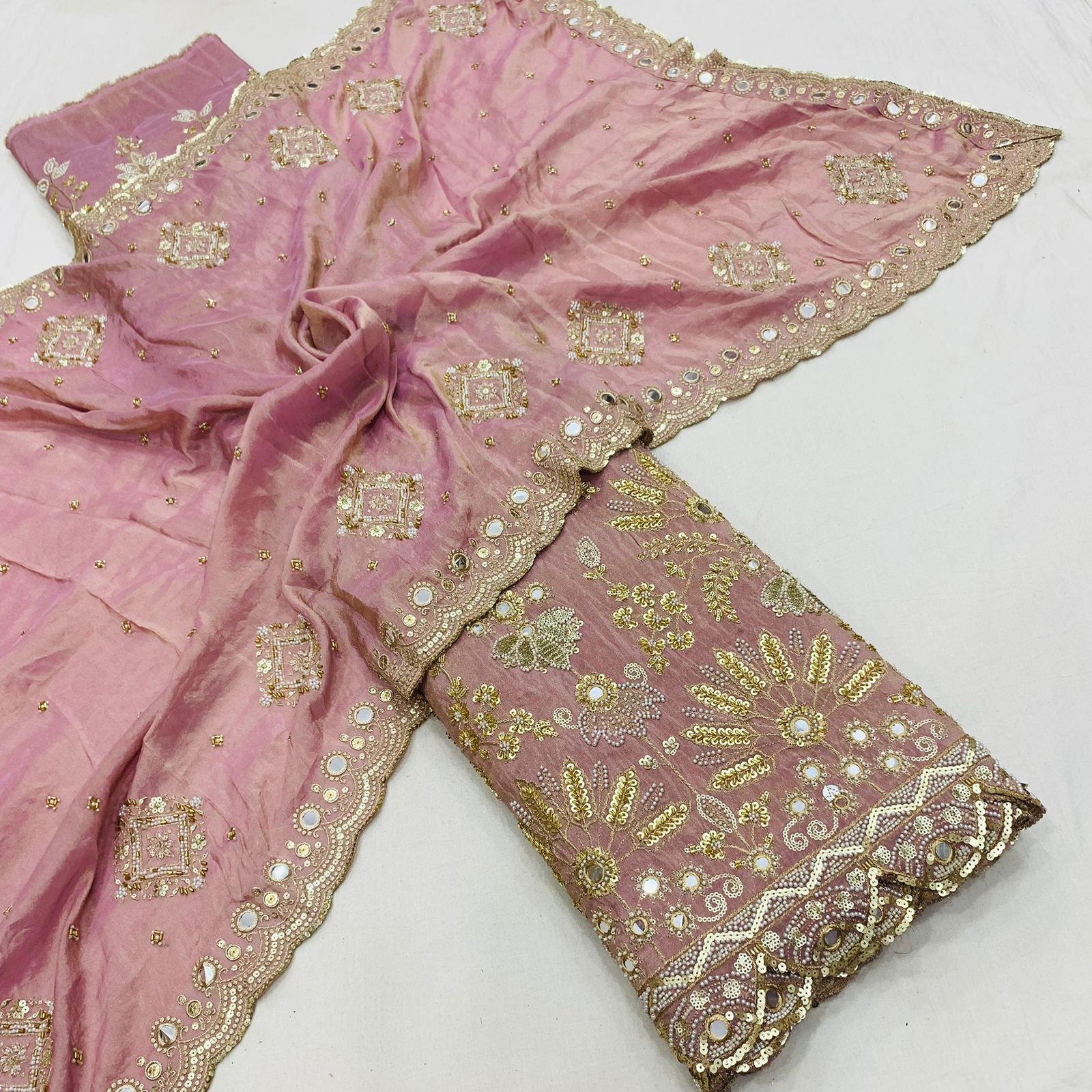 Pink Diamond Tissue Silk Fabric Handwork Materia lSharara Rosey's Creations