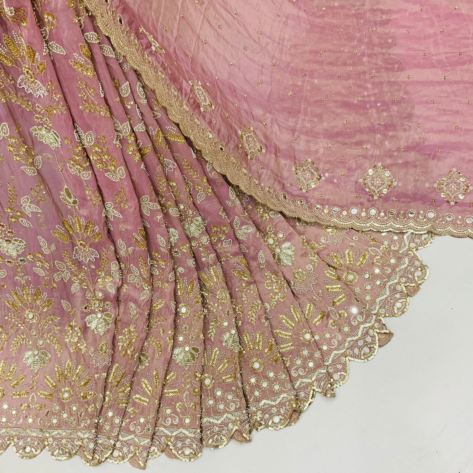 Pink Diamond Tissue Silk Fabric Handwork Materia lSharara Rosey's Creations