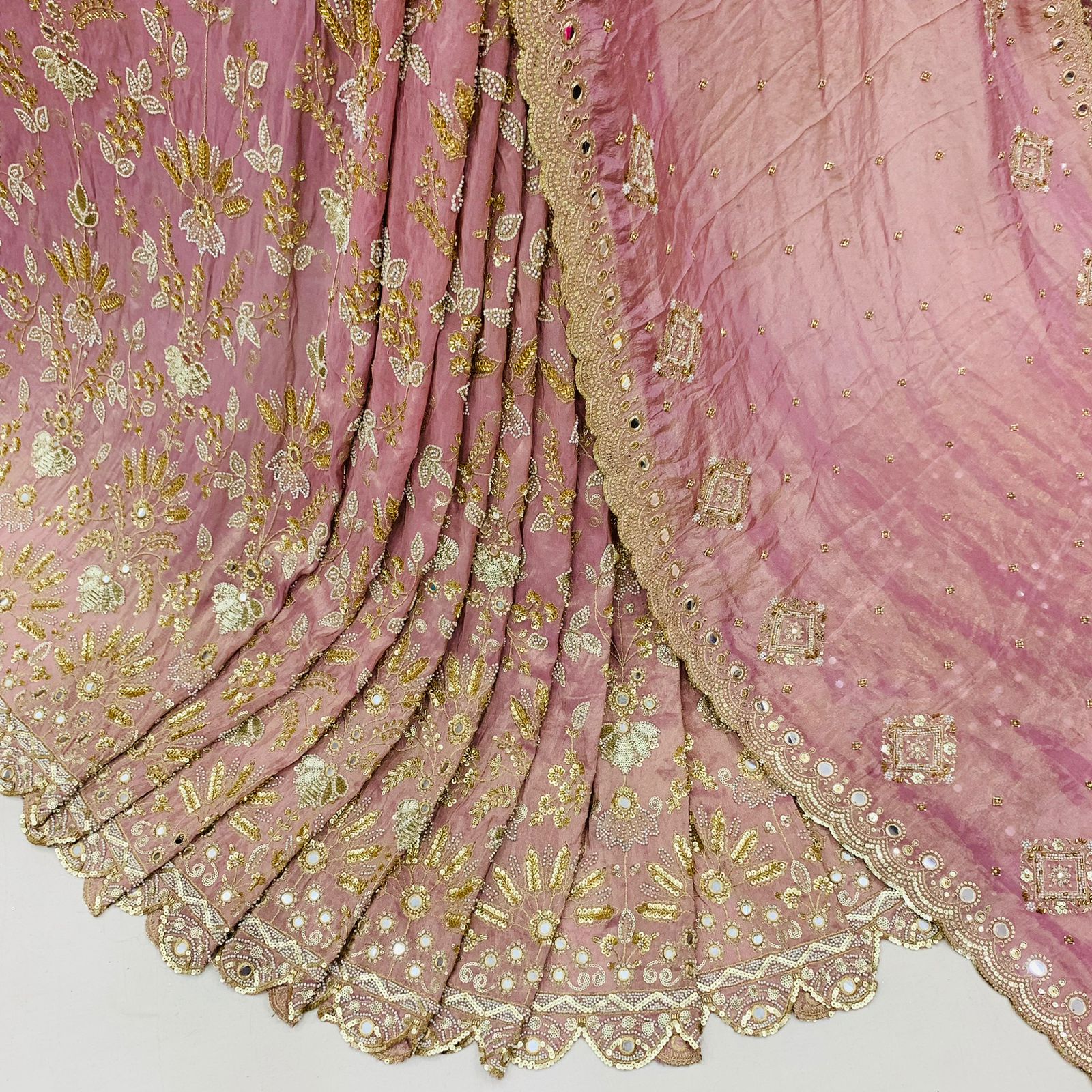 Pink Diamond Tissue Silk Fabric Handwork Materia lSharara Rosey's Creations