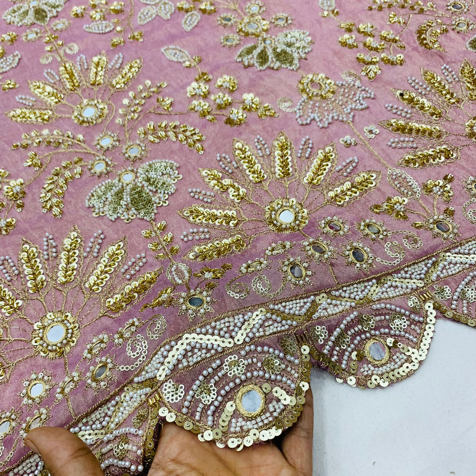 Pink Diamond Tissue Silk Fabric Handwork Materia lSharara Rosey's Creations