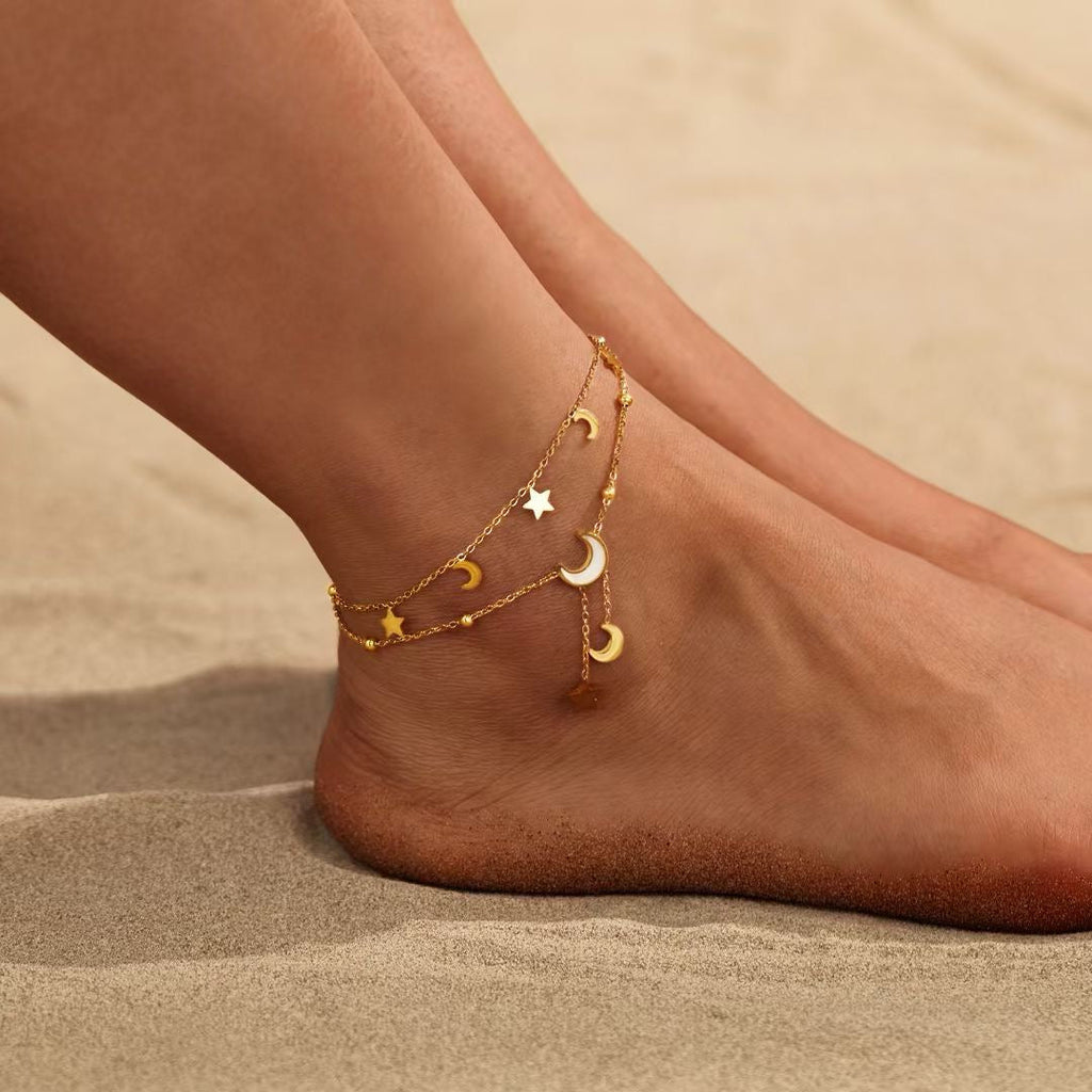 Cassia Luxe 18k Gold Double Layer Celestial Moon and Star Gold Anklet LUXE TONES
