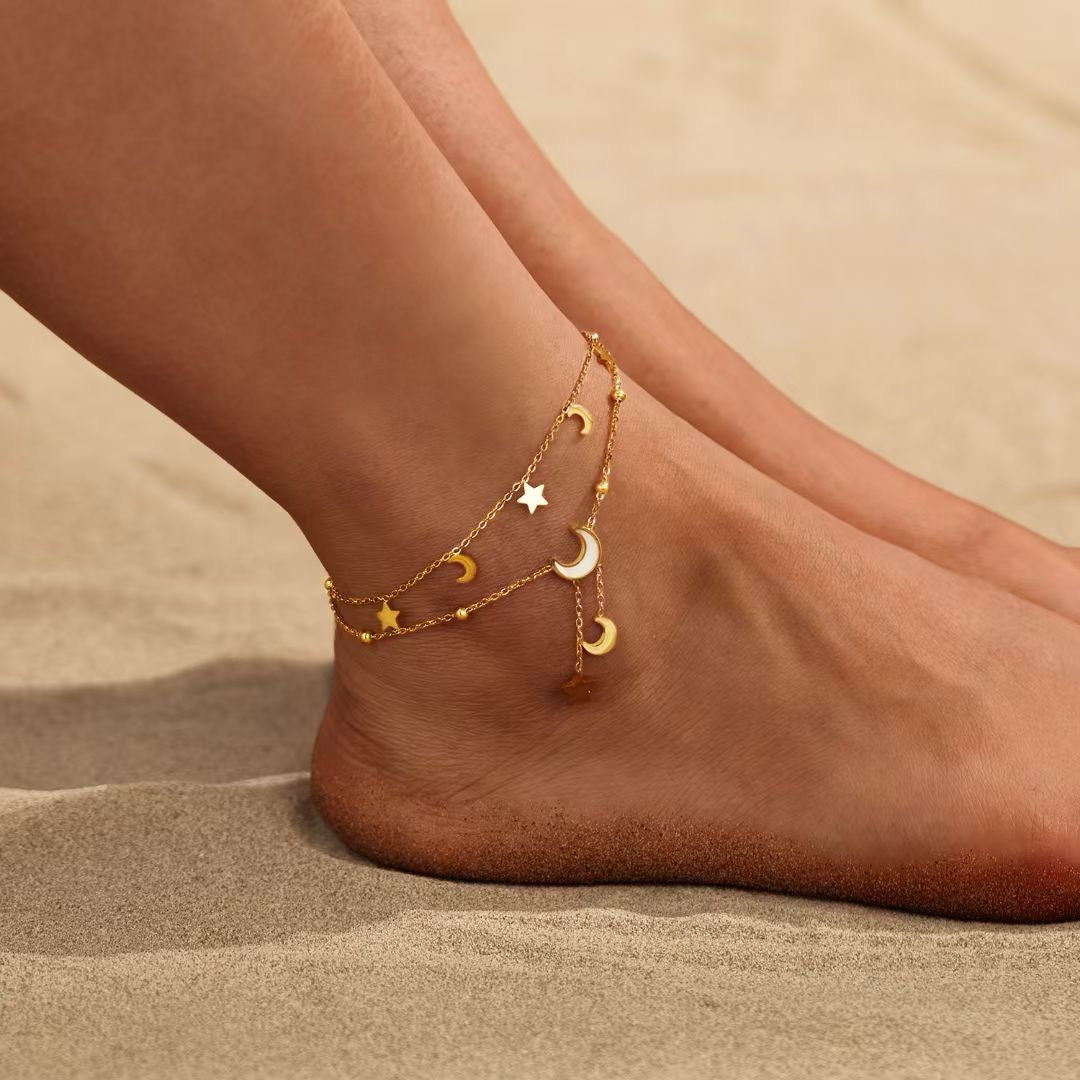 Cassia Luxe 18k Gold Double Layer Celestial Moon and Star Gold Anklet LUXE TONES
