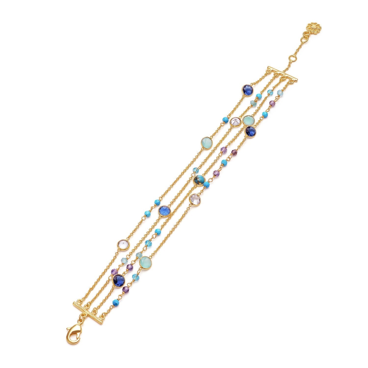 Hydra Multi-Strand Gold Chain and Gemstone Bracelet  Iolite, Blue Topaz & Apatite Azuni London