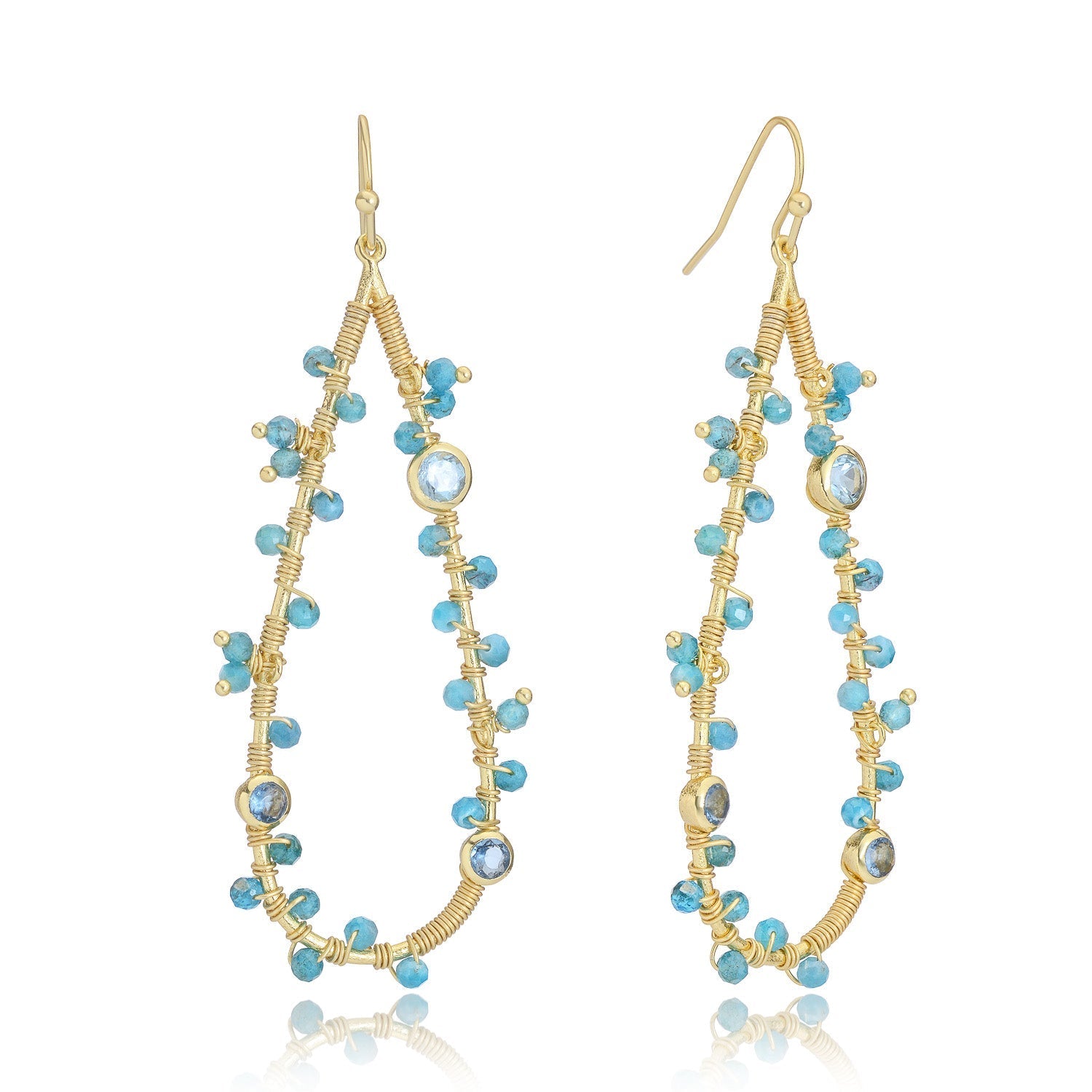 Hydra Large Teardrop Wire-Wrapped Gemstone Earrings Iolite, Blue Topaz & Apatite Azuni London