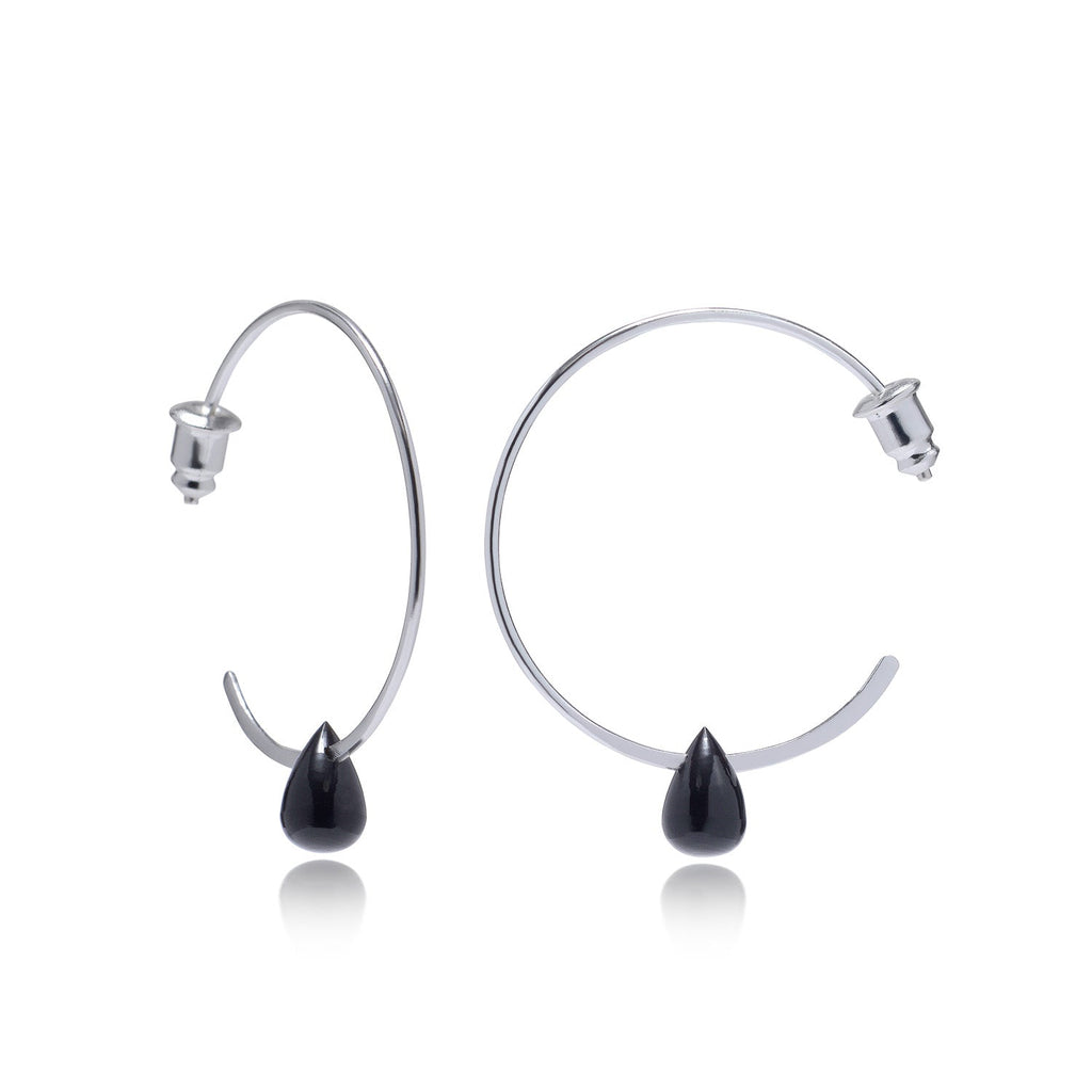 Hera Wire Hoop Earrings with Teardrop Stone: Silver Black Onyx Azuni London