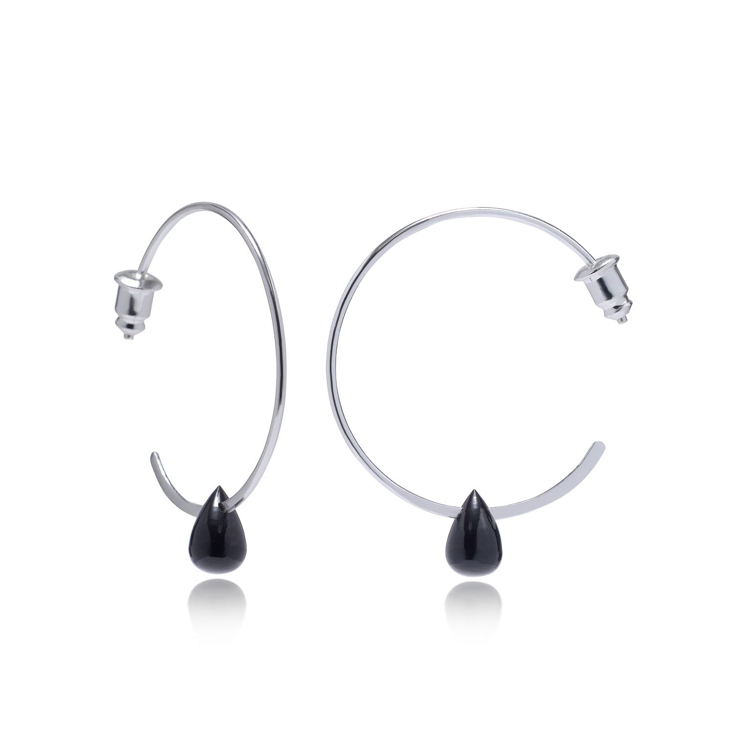 Hera Wire Hoop Earrings with Teardrop Stone: Silver Black Onyx Azuni London