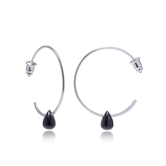 Hera Wire Hoop Earrings with Teardrop Stone: Silver Black Onyx Azuni London