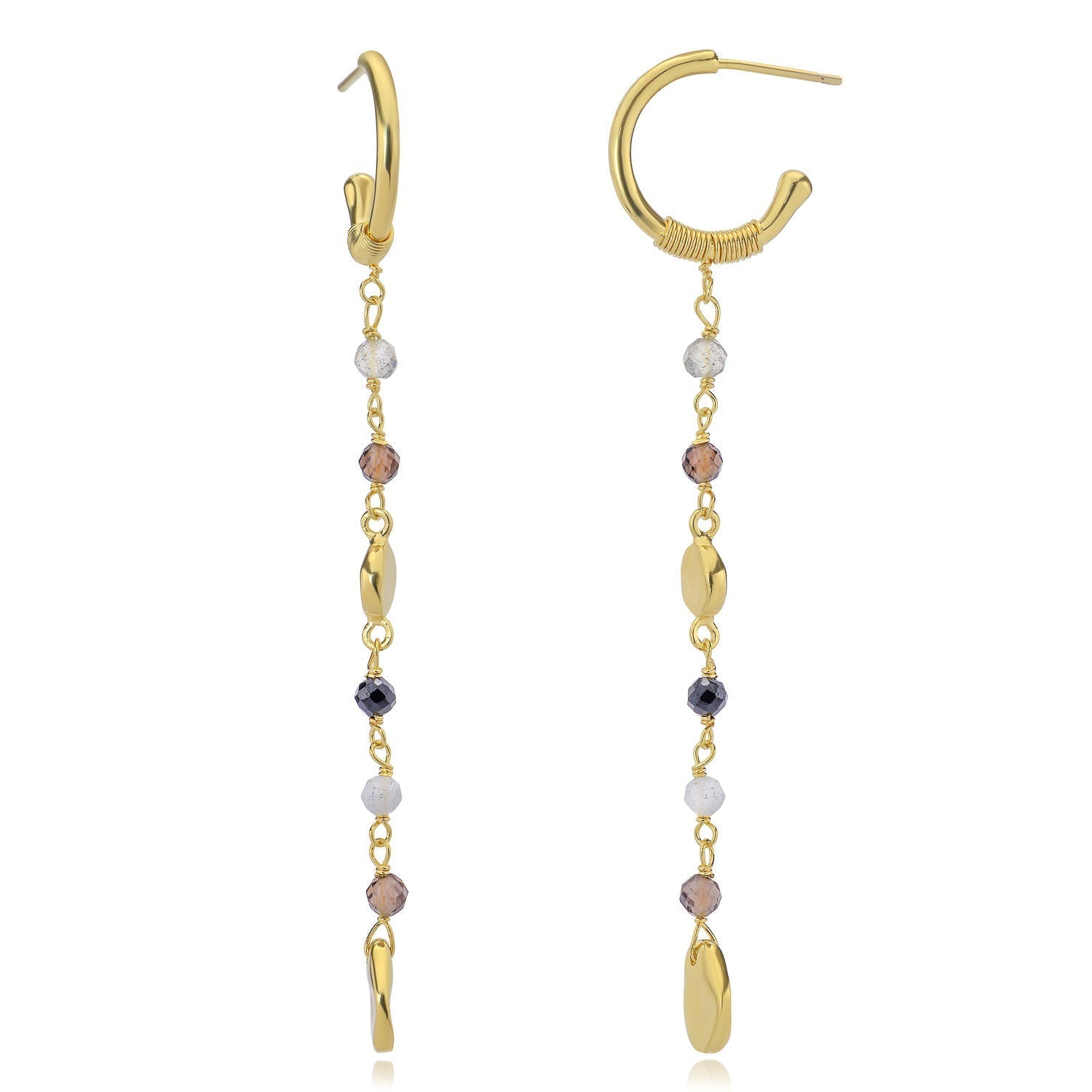 Sofia Small Hoop Nugget Earrings  Labradorite, Black Onyx & Smoky Quartz Azuni London