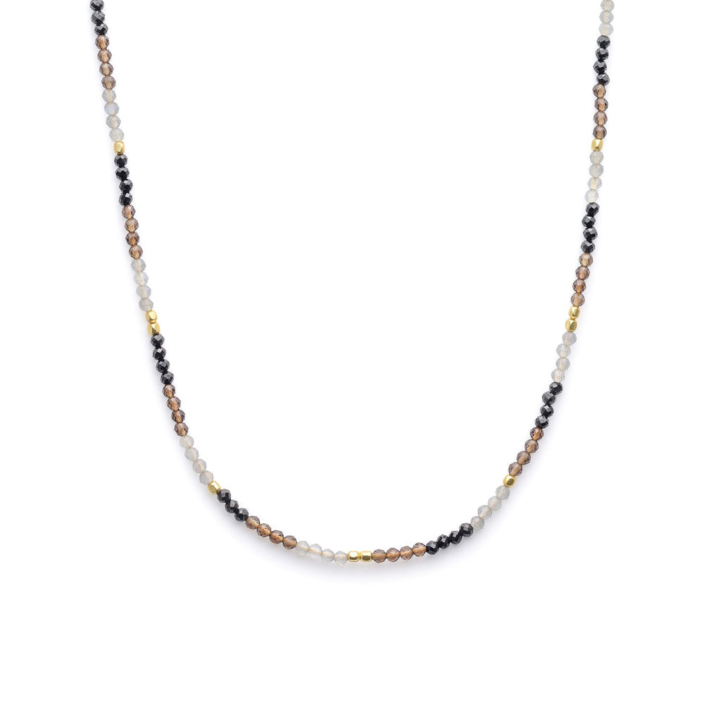 Milos Mixed Gemstone Beaded Necklace  Black Onyx, Smoky Quartz & Labradorite Azuni London