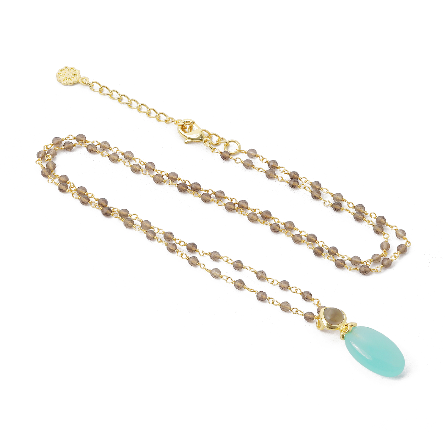 Persephone Double Gemstone Beaded Chain Necklace Pariba Onyx & Smoky Quartz Azuni London