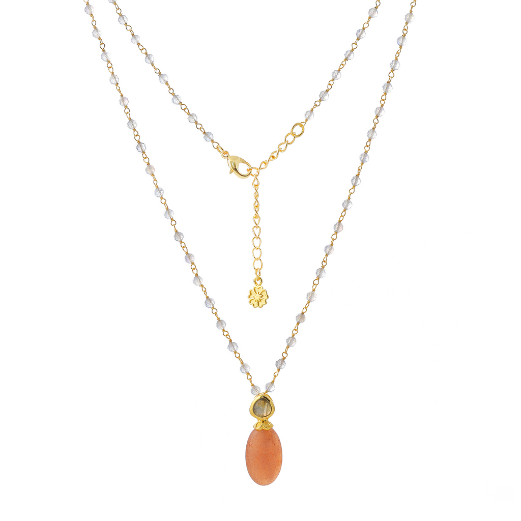 Persephone Double Gemstone Beaded Chain Necklace Peach Moonstone & Labradorite Azuni London
