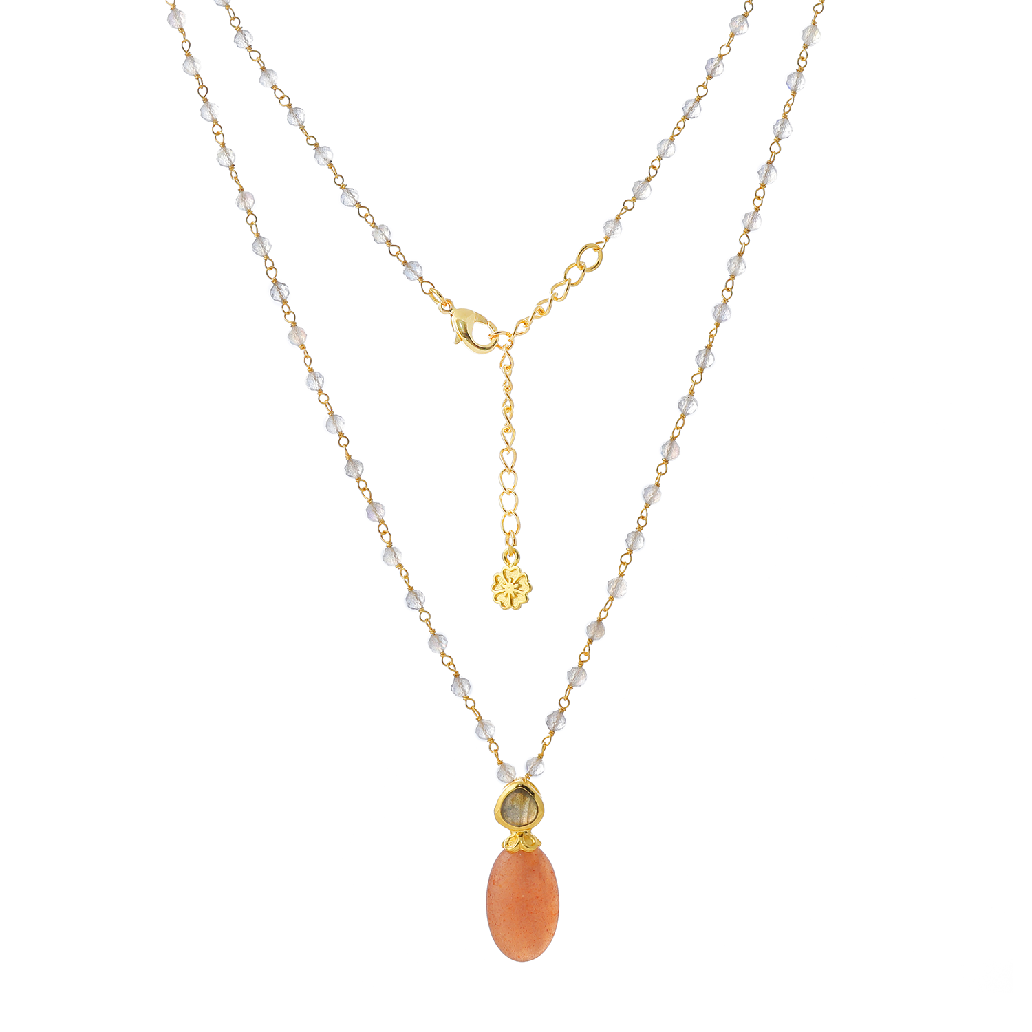 Persephone Double Gemstone Beaded Chain Necklace Peach Moonstone & Labradorite Azuni London