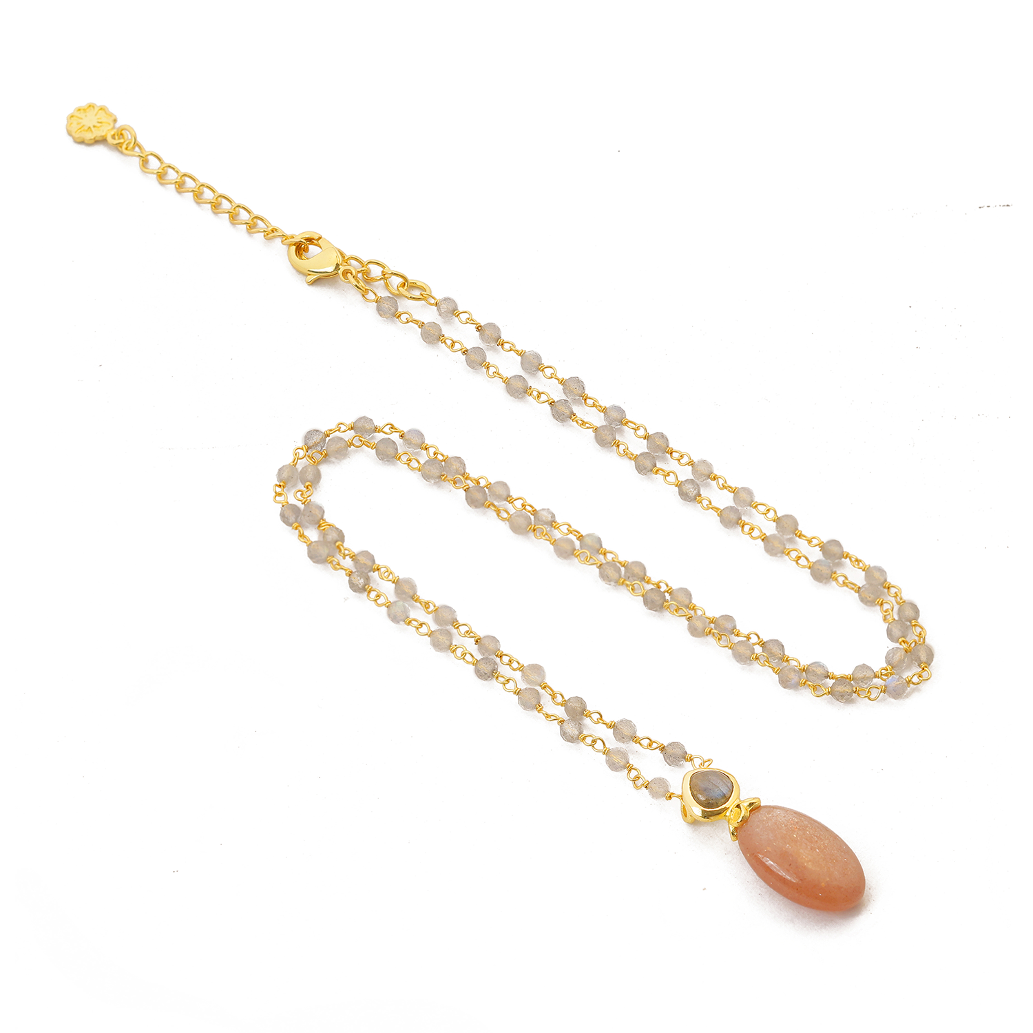 Persephone Double Gemstone Beaded Chain Necklace Peach Moonstone & Labradorite Azuni London