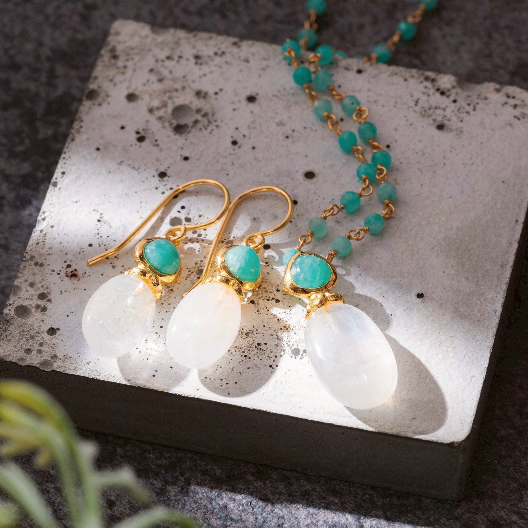 Persephone Double Gemstone Beaded Chain Necklace Moonstone & Amazonite Azuni London