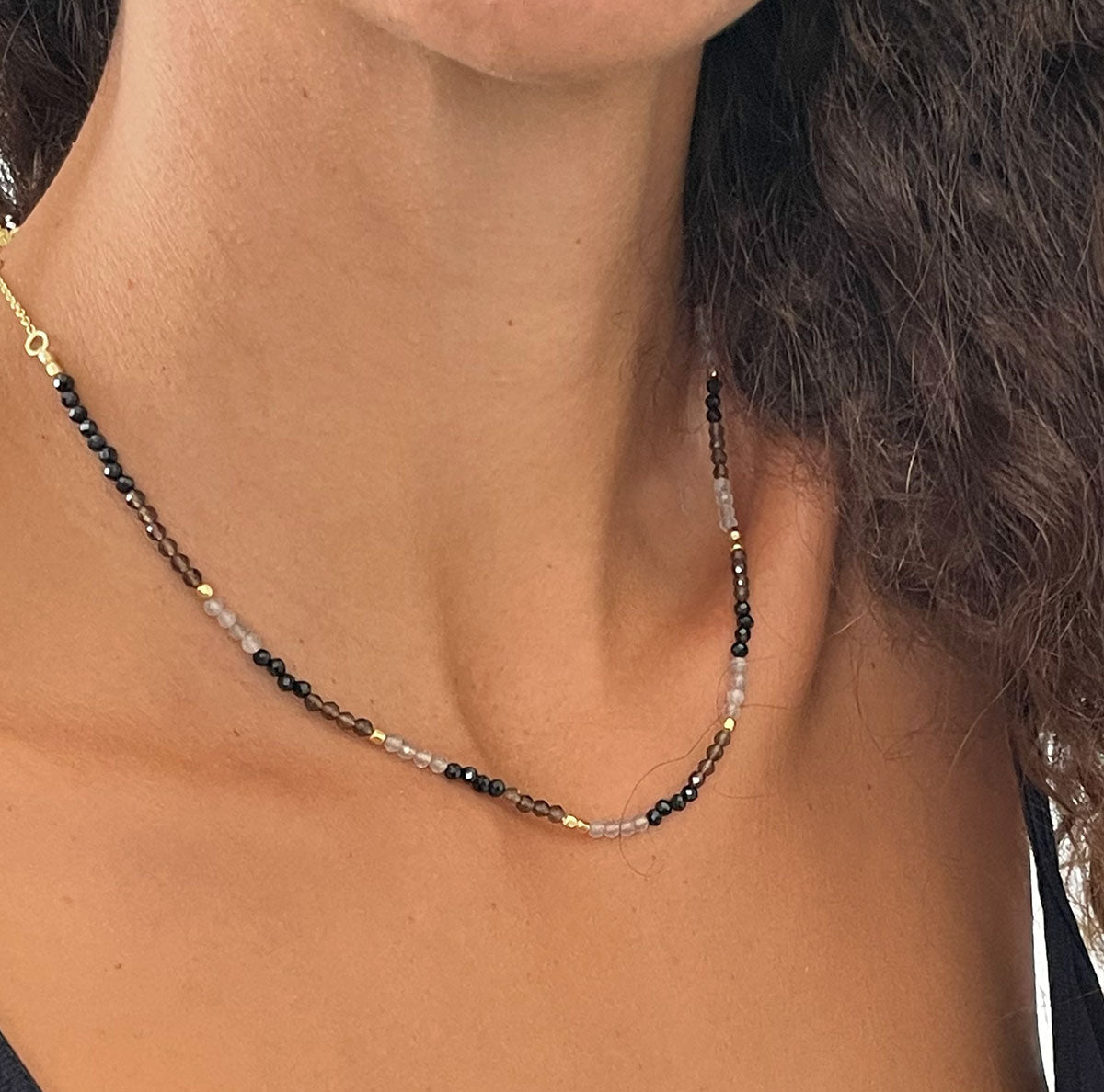 Milos Mixed Gemstone Beaded Necklace  Black Onyx, Smoky Quartz & Labradorite Azuni London