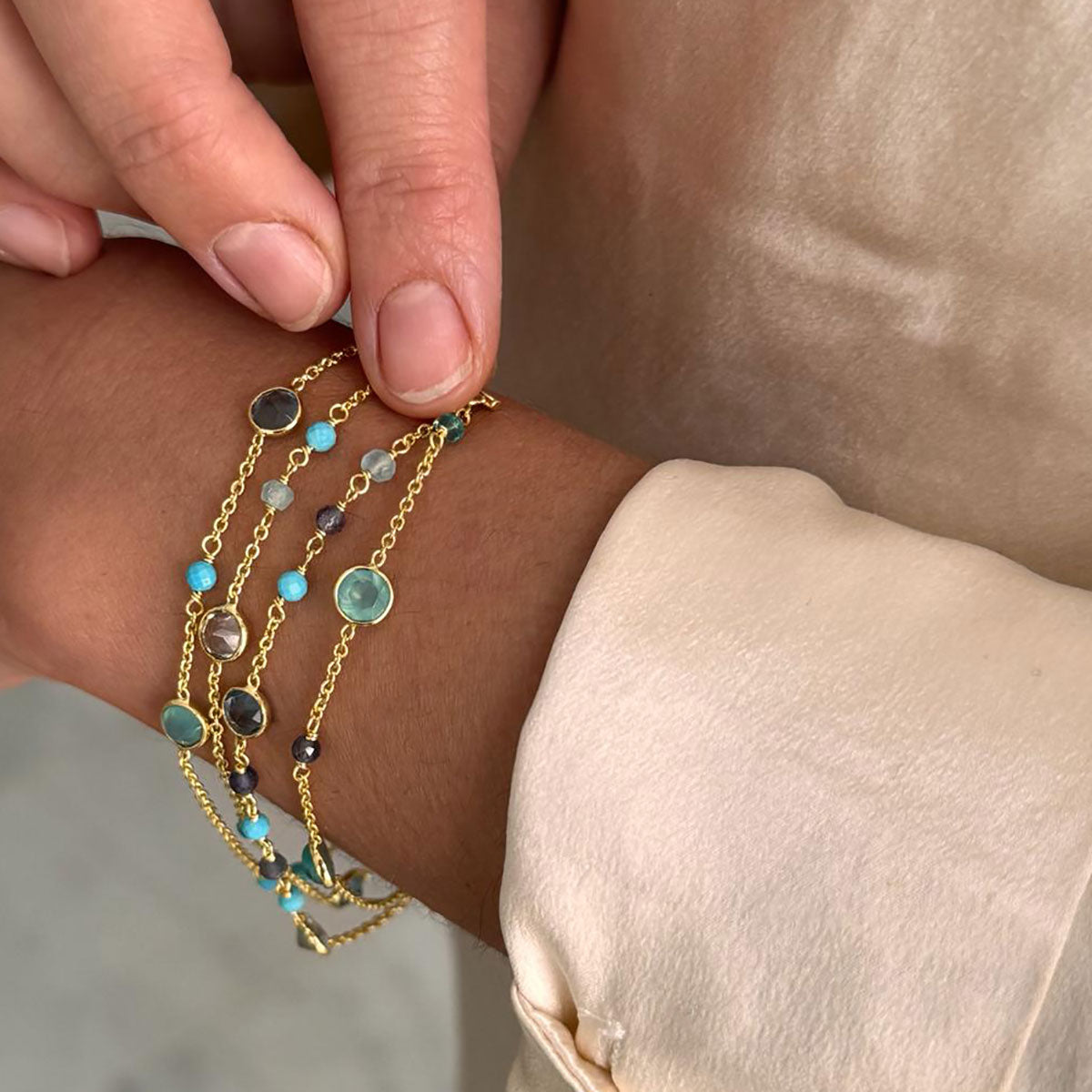 Hydra Multi-Strand Gold Chain and Gemstone Bracelet  Iolite, Blue Topaz & Apatite Azuni London