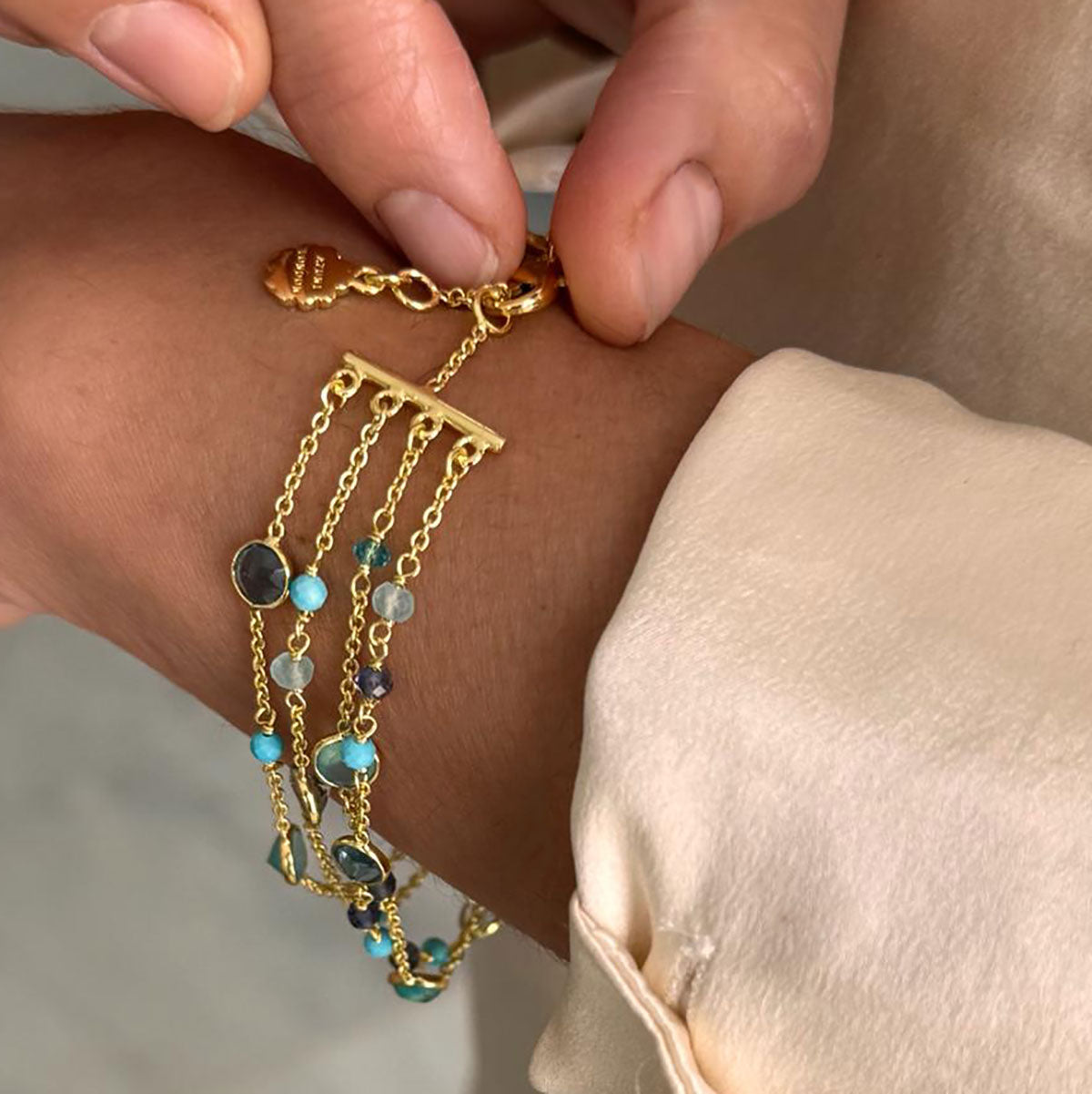 Hydra Multi-Strand Gold Chain and Gemstone Bracelet  Iolite, Blue Topaz & Apatite Azuni London