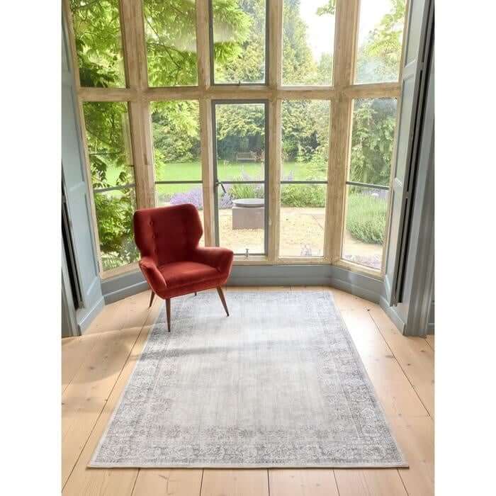 Eco-Washable Grey Rug Bordered Design