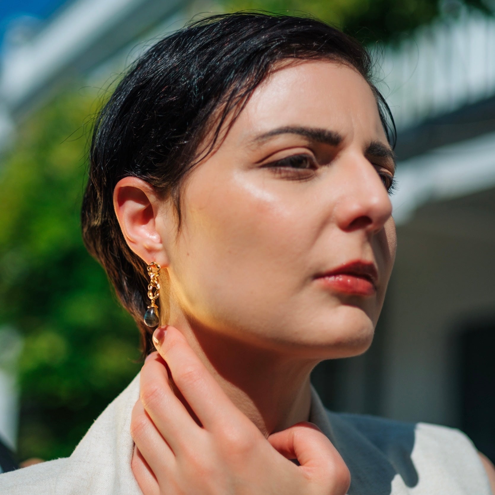 Moirai Double Twisted Loops Earrings Green Onyx Azuni London