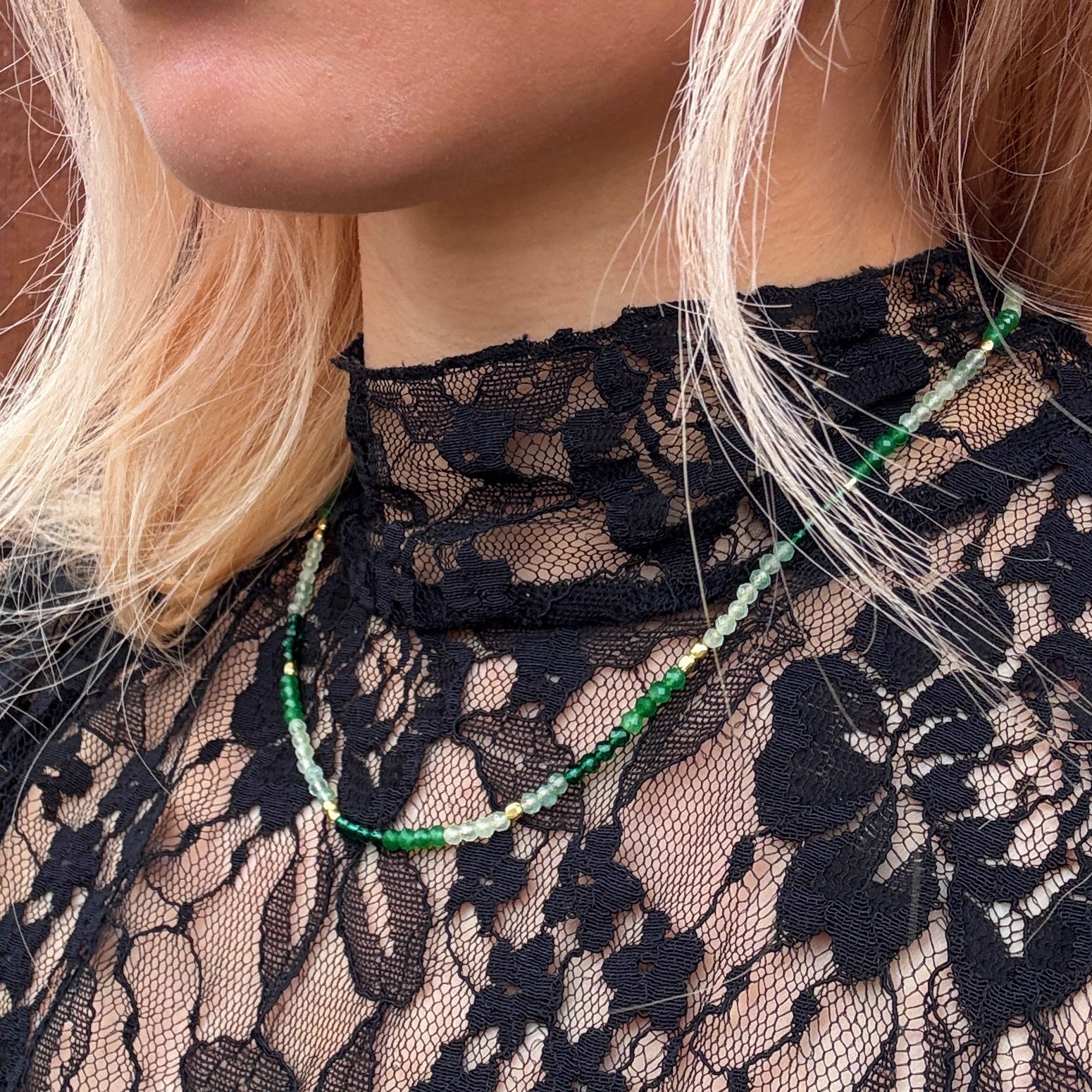 Milos Mixed Gemstone Beaded Necklace  Prehnite, Moss Agate & Green Aventurine Azuni London