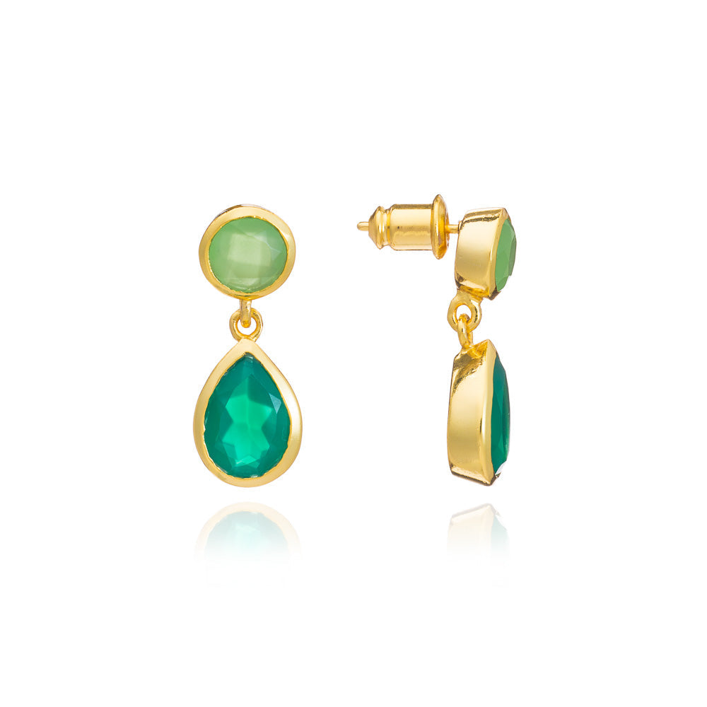 Gold Double Gemstone Drop Earrings with Green Onyx & Prenite Azuni London