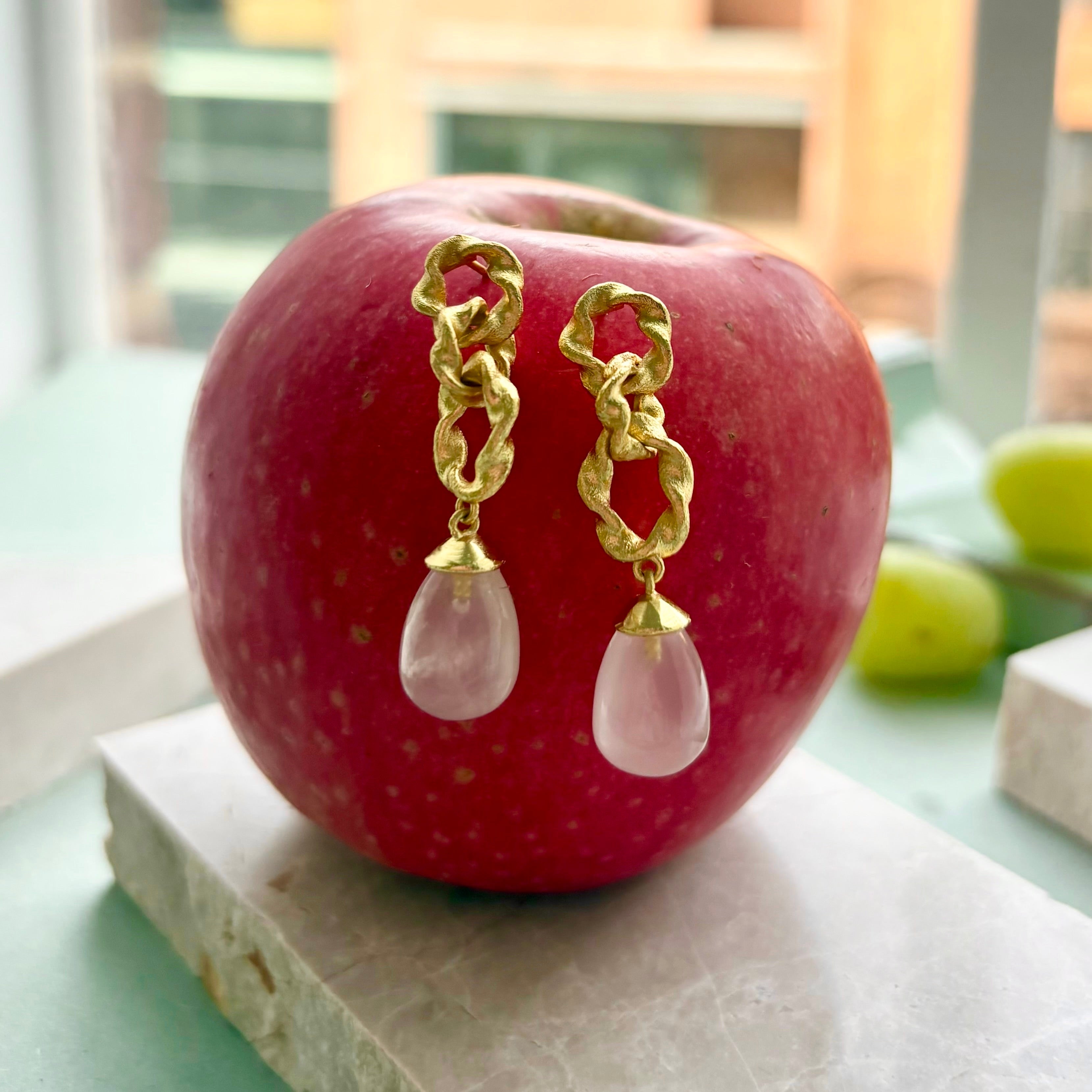 Moirai Double Twisted Loops Earrings Rose Quartz Azuni London