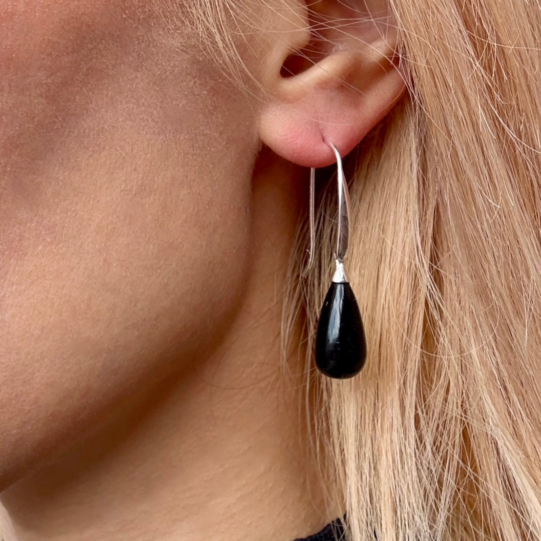 Hera Polished Stone Drop Earrings Silver Black Onyx Azuni London