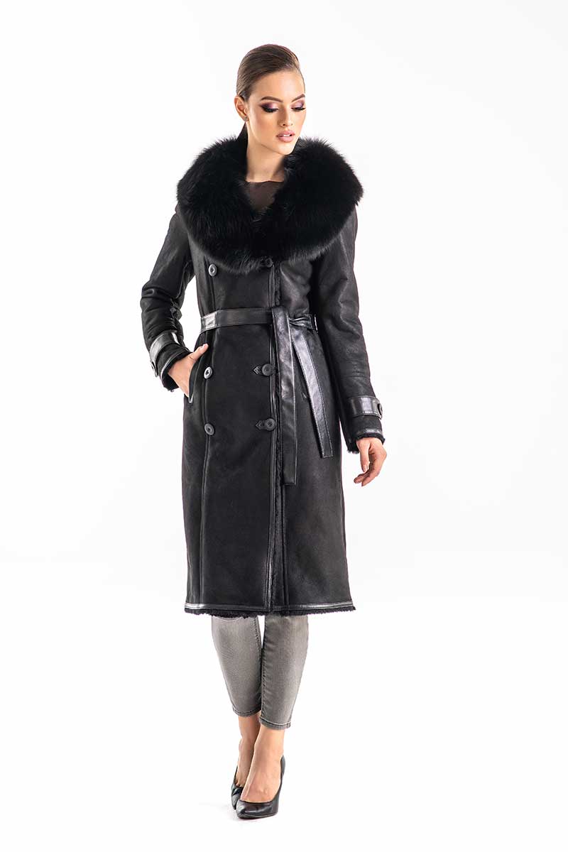 Black Genuine Merino Shearling Coat with Arctic Fox Fur Collar Buy Me Fur Ltd