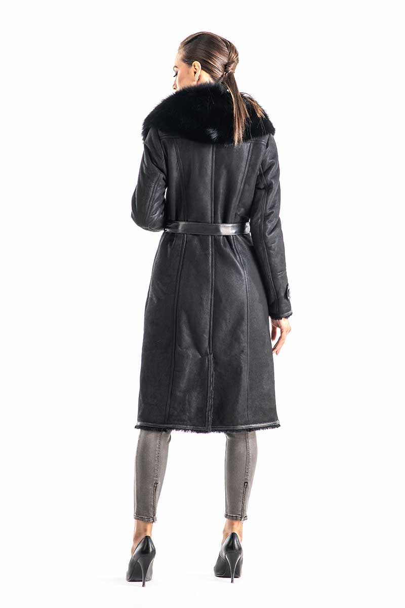 Black Genuine Merino Shearling Coat with Arctic Fox Fur Collar Buy Me Fur Ltd