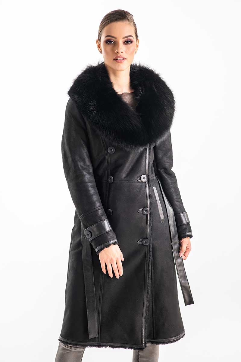 Black Genuine Merino Shearling Coat with Arctic Fox Fur Collar Buy Me Fur Ltd