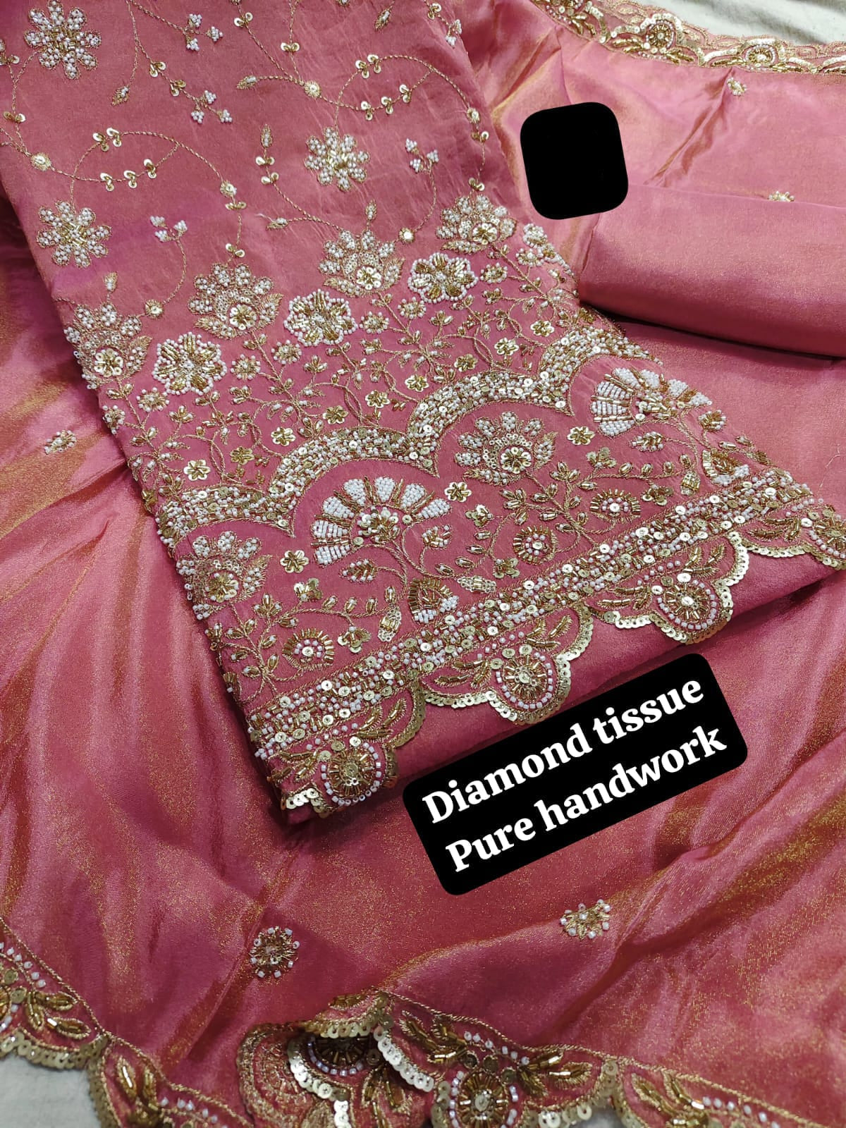 Pink Diamond Tissue Silk Fabric Handwork Materia lSharara Rosey's Creations