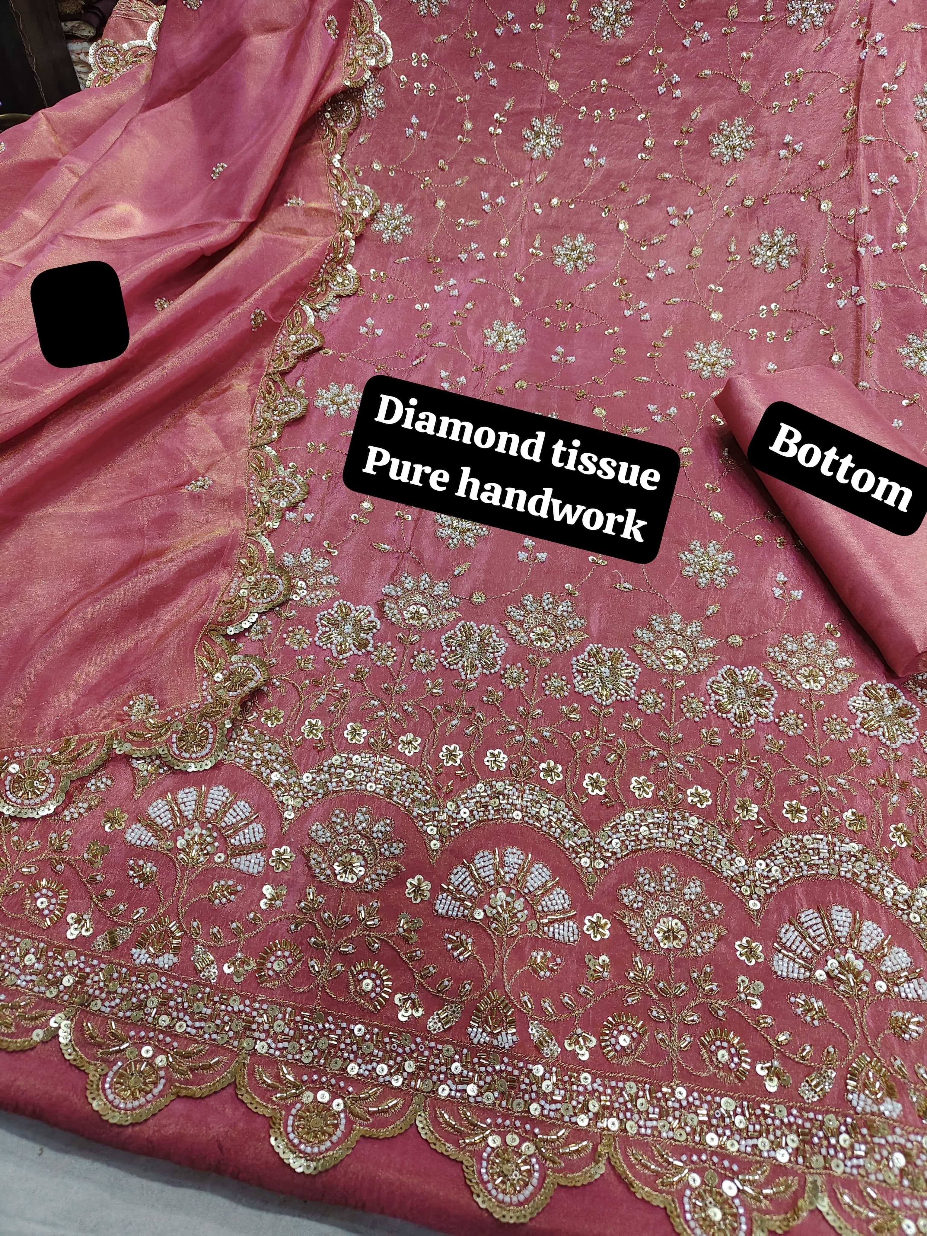 Pink Diamond Tissue Silk Fabric Handwork Materia lSharara Rosey's Creations