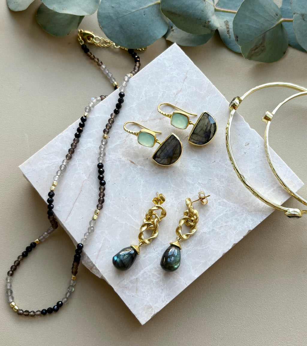 Milos Mixed Gemstone Beaded Necklace  Black Onyx, Smoky Quartz & Labradorite Azuni London