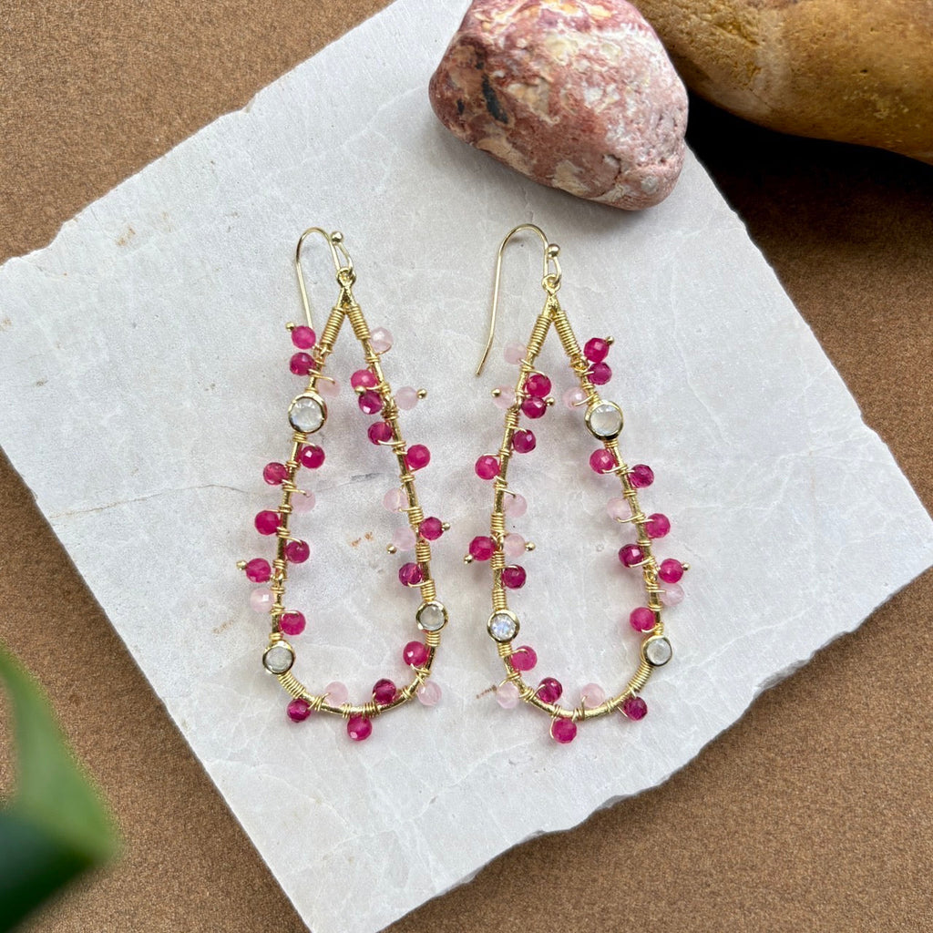 Hydra Large Teardrop Wire-Wrapped Gemstone Earrings Moonstone, Rose Quartz, Pink Jade and Pink Tourmaline Azuni London