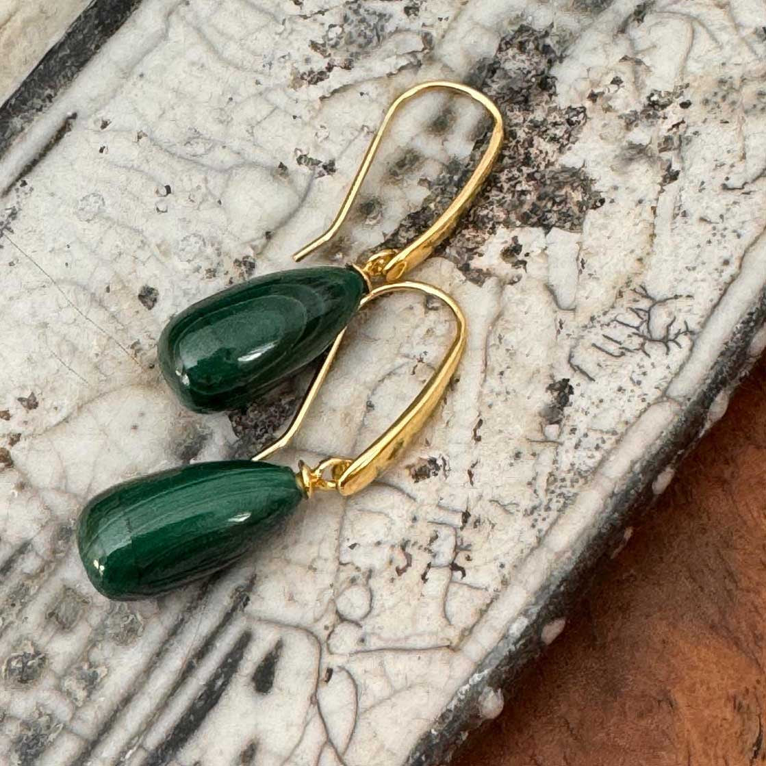 Hera Polished Stone Drop Earrings Malachite Azuni London