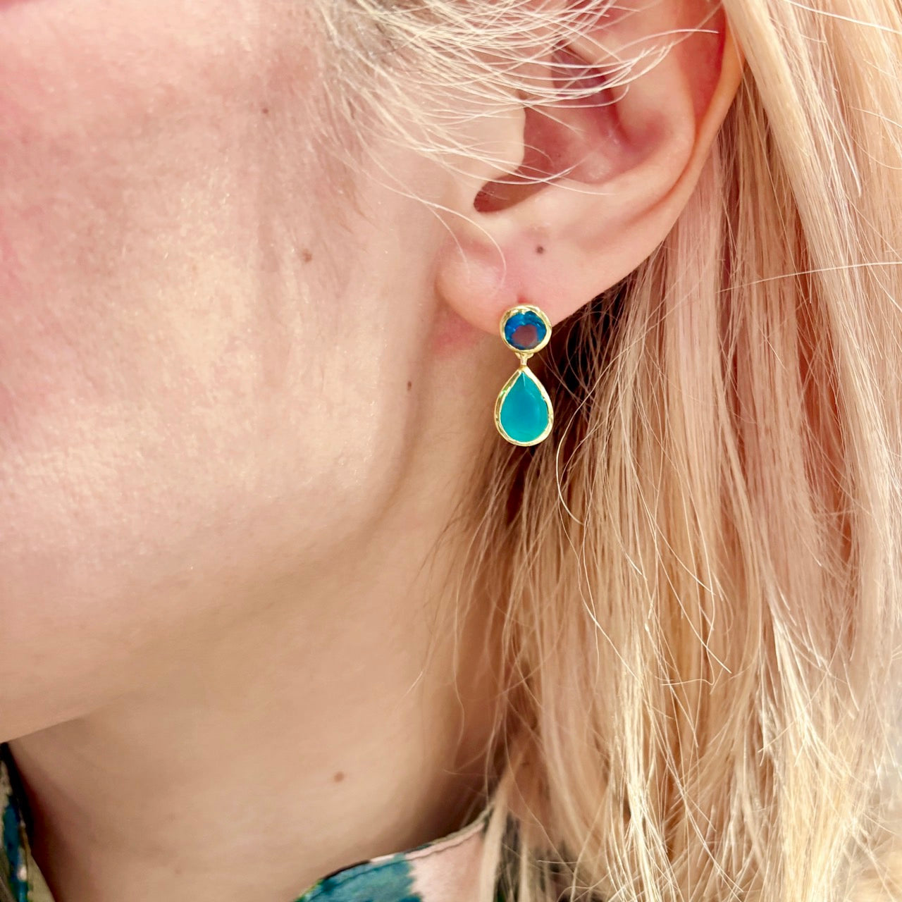 Gold Double Gemstone Drop Earrings with Pariba Onyx & Iolite Azuni London