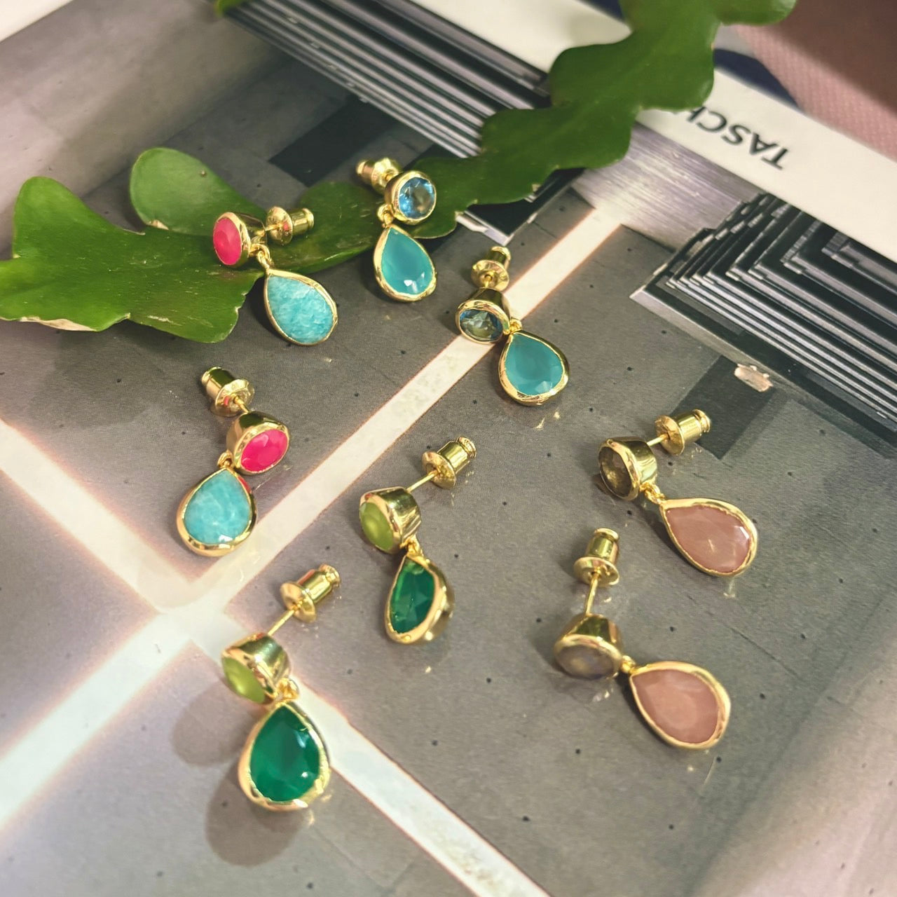Gold Double Gemstone Drop Earrings with Pariba Onyx & Iolite Azuni London
