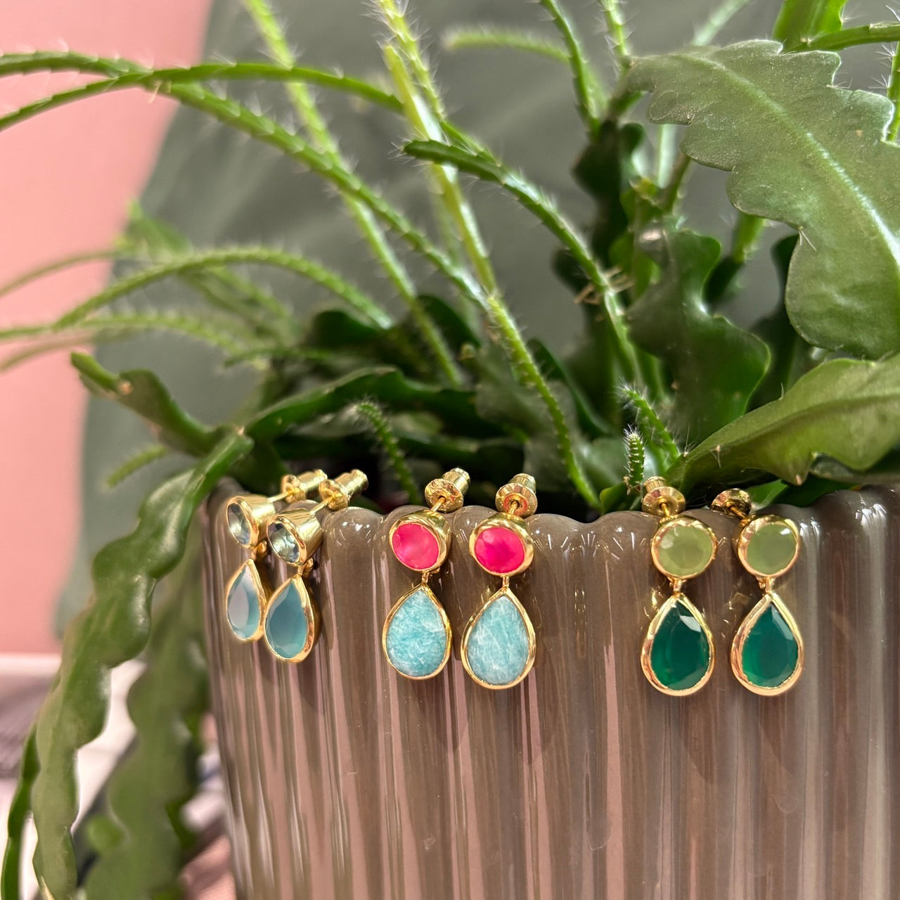 Gold Double Gemstone Drop Earrings with Pariba Onyx & Iolite Azuni London