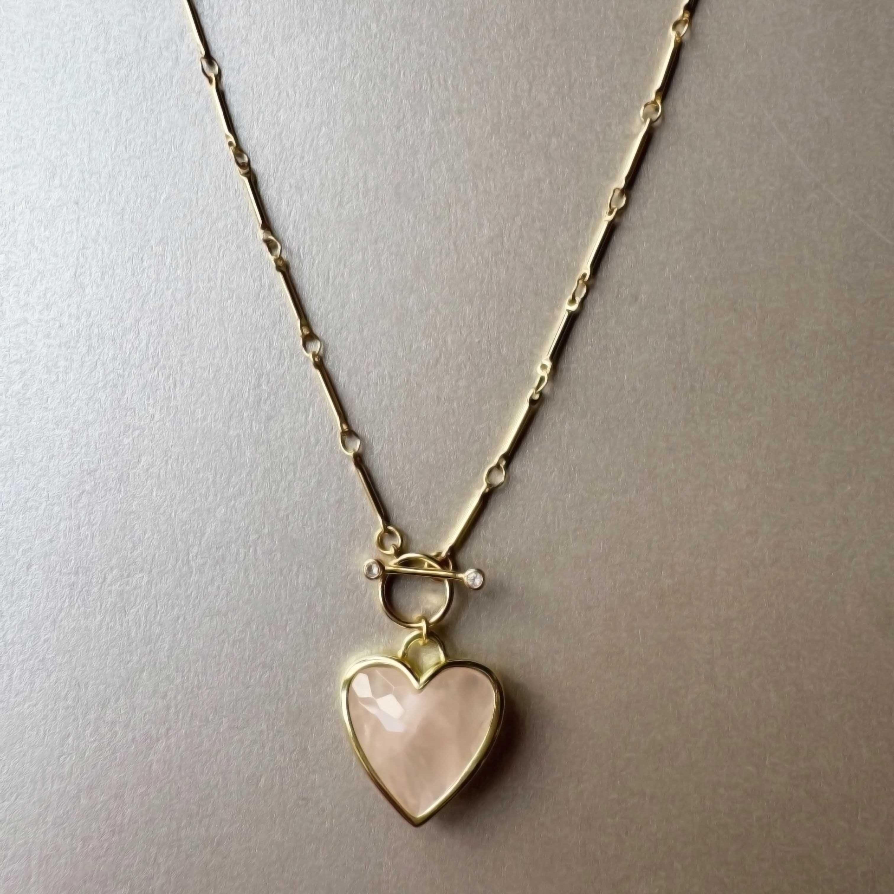 Sanora Luxe 18k Gold Plated Rose Quartz T Bar Heart Necklace LUXE TONES