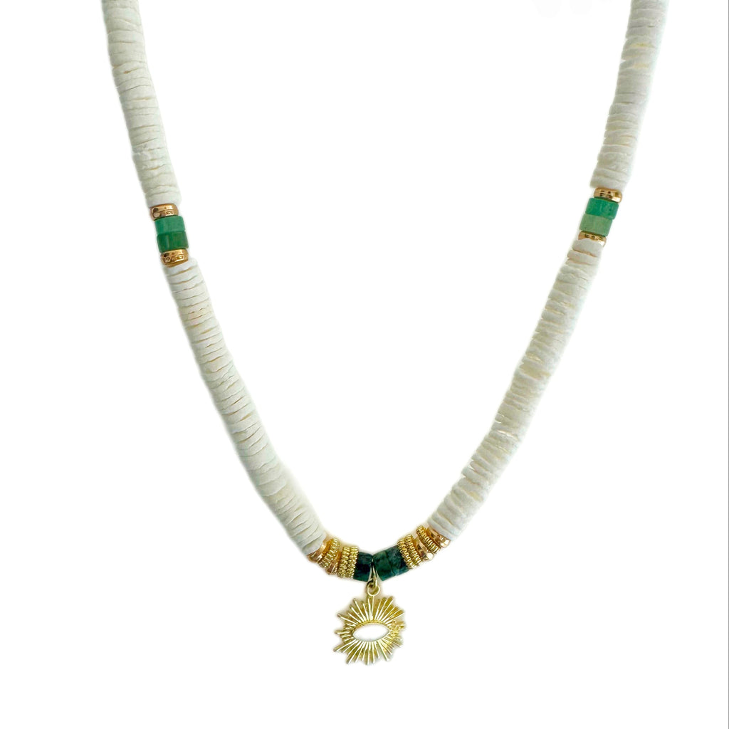 Solaana White Beaded Necklace with Gold Sun Charm LUXE TONES